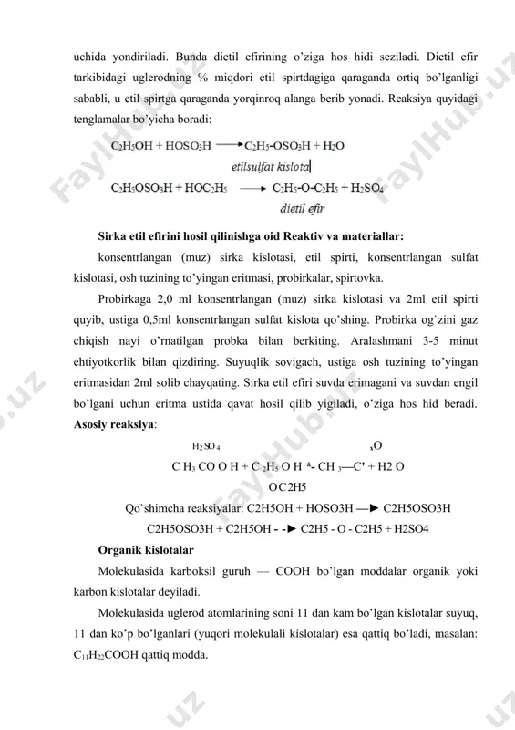 kirisha oladi. ayniqsa, ular uchun efir hosil qilish (eterifikatsiya) reaksiyasi (ya’ni kislota va spirtlarning o’zaro reaksiyaga kirishib, murakkab efirlar hosil qilish reaksiyasi) xarakterlidir. eterifikatsiya reaksiyasi qaytar reaksiyadir. murakkab efirning gidrolizlanib (parchalanib) kislota va spirt hosil qilish reaksiyasi sovunlanish deb ataladi. yuqori kislotalarning tuzlari sovun deyiladi. masalan, c17h35coona stearin kislotaning natriyli tuzi. organik kislotalarning olinishi va xossalariga oid chumoli kislotaning olinishi probirkaga 3 tomchi 2 n ishqor eritmasidan, 2-3 tomchi formalin (ch20) eritmasidan tomizib, mis (ii)-gidroksid hosil bo’lguncha mis (ii)-sulfat eritmasidan qo’shing. eritmani qizdiring va eritma rangining o’zgarishini kuzating, reaksiya vaqtida avvalo cho’kma sariq tusga aylanib, mis (i)-gidroksid hosil bo’ladi. so’ngra u qo’ng`ir-qizil rangga o’tadi. bu esa cho’kmada cu20 ning hosil bo’lganligini ko’rsatadi. chumoli kislota va mis (i)-oksid hosil bo’lish reaksiyasi tenglamasini yozing. sirka kislota va uning tuzlarini hosil qilish a) sirka kislota hosil qilish. bir mikroshpatel natriy atsetat solingan probirkaga 8-10 tomchi sulfat kislota (p=1,84) qo’shing va ehtiyot bo’lib qizdiring. …