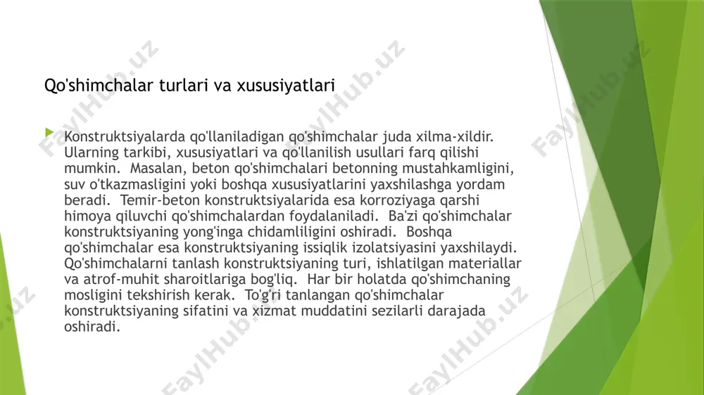 shuning uchun qo'shimchalarni tanlashda ehtiyotkorlik va bilimga ega bo'lish lozim. turli xil qo'shimchalar misollari qo'shimchalarni qo'llash texnologiyasi ularning samaradorligi uchun juda muhimdir. qo'shimchalarni to'g'ri miqdorda va to'g'ri tartibda qo'llash kerak. qo'shimchalarni aralashtirish usuli ham muhim ahamiyatga ega. ba'zi qo'shimchalarni beton aralashmasiga qo'shishdan oldin suv bilan aralashtirish kerak. boshqalarini esa to'g'ridan-to'g'ri beton aralashmasiga qo'shish mumkin. qo'shimchalarni qo'llash bo'yicha ishlab chiqaruvchining ko'rsatmalariga amal qilish kerak. to'g'ri qo'llanilganda qo'shimchalar konstruktsiyaning sifatini yaxshilaydi. noto'g'ri qo'llanilganda esa aksincha, salbiy ta'sir ko'rsatishi mumkin. shu sababli, qo'shimchalarni qo'llashda ehtiyotkorlik va aniqlik zarur. qo'shimchalarni qo'llash texnologiyasi qo'shimchalarning ba'zilari zaharli yoki yonuvchan bo'lishi mumkin. shuning uchun ular bilan ishlashda xavfsizlik qoidalariga rioya qilish kerak. qo'shimchalar bilan ishlashda himoya vositalaridan foydalanish majburiydir. qo'shimchalarni saqlash sharoitlari ham muhim ahamiyatga ega. ular quruq va salqin joyda saqlanishi kerak. qo'shimchalarning yaroqlilik muddati ham hisobga olinishi kerak. yaroqlilik muddati o'tgan qo'shimchalardan foydalanmaslik kerak. xavfsizlik choralari konstruktsiyaning sifatini ta'minlash va ishchilarning sog'lig'ini himoya qilish uchun …