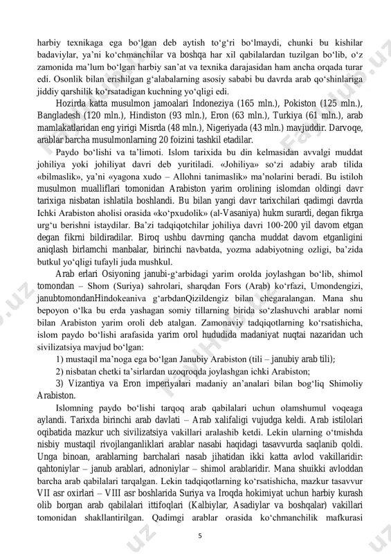 nchijang 625yiliyul-avgust oylarida va 626yili«xandoq» jangi nomini olgan to‘qnashuvlar ham bo‘lib o‘tdi. ushbu janglarda muhammad g‘alaba qozongandan keyin, madinada o‘z mavqeini mustahkamlab bu erda faol siyosat olib boradi. 4 628 yili musulmonlar jamoasi uchun muhim bo‘lgan voqea yuz berdi. muhammad kaba’ni muqaddas deb e’tirof etishni namoyish qilish maqsadida 1500 ga yaqin musulmonlar bilan barcha qabilalar jangga boradigan mavsumda makkaga jo‘naydi. bundan xavotirlangan rahbarlari abuso‘fiyonbilan birga makkadan 30 km.cha narida bo‘lgan xudoybiya vodiysida uni to‘xtatadilar. muzokaralar boshlanib, o‘rtada «shartnoma», «xudoybiya sulhi» tuziladi, qasam aytiladi, qasam «bayha» deb ataladi. bitimlarga muvofiq makkaliklar madinaliklarga kelasi yildan boshlab hajga kelishga ijozat berishadi. 630 yili madina qo‘shinlari makkani qarshiliksiz egallaydilar. ummaviylar bilan raqobat tugab, ular muhammadning yaqin yordamchisiga aylanadilar. islom arabiston yarim orolining asosiy hukmron diniga aylanadi. shunday qilib muhammad islom bayrogi osti arab qabilalarini birlashtirib, yagona markazlashgan mamlakatni tashkil etadi. muhammad 632 yili iyun oyida 62 yoshda madinada vafot etadi. bu davrga kelibanchagina mustahkamlashganmusulmonlardavlati …