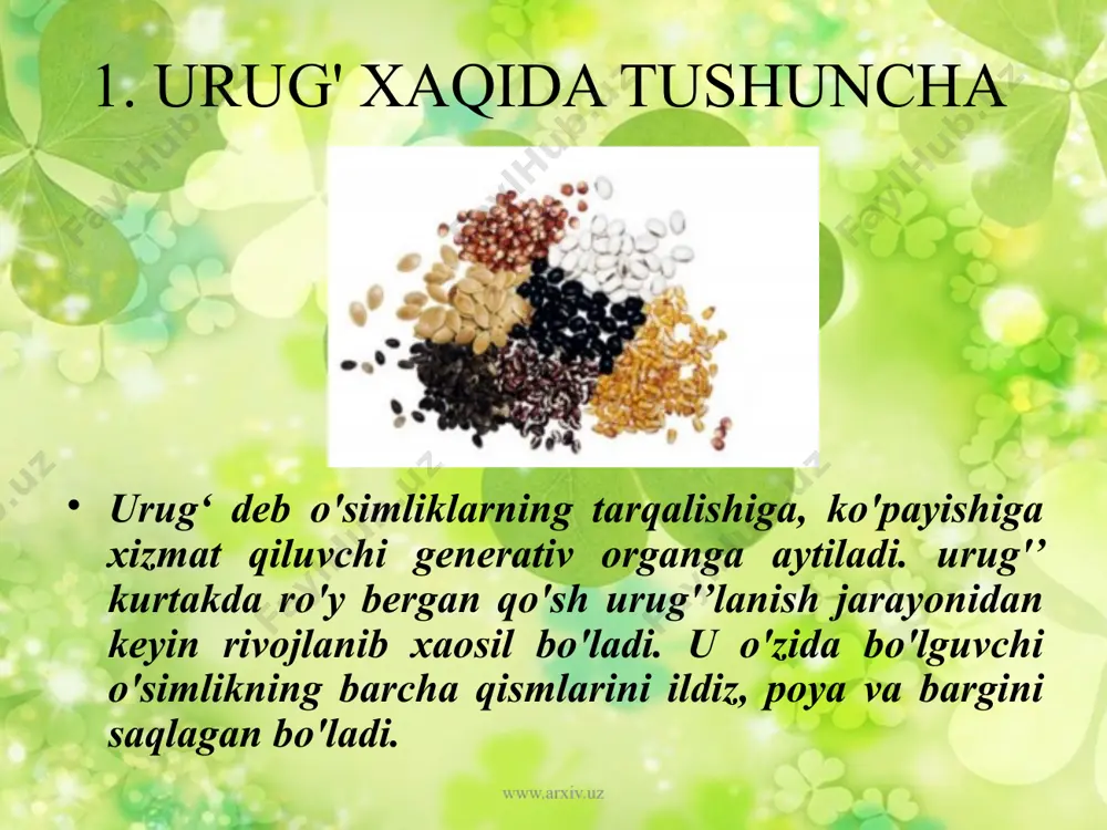 mat kiladi. murtak urug'nig asosiy qismi xisoblanadi. u otalangan tuxum xujayraning rivojlanishidan xosil bo'ladi. murtakda, murtak kurtakchasi, murtak ildizchasi joylashgan bo'lib, uning rivojlanishidan bargli poya va o‘q ildiz xosil bo'ladi. urug'larda zapas oziq moddalar to'planib u o'simlikning birinchi bargi xisoblanadi. www.arxiv.uz 1. urug'’ po'sti. 2. murtak. 3. urug'’palla endospermali urug'larning tuzilishi. endospermali urug'lar g’allaguldoshlar, lolaguldoshlar va kiyokdoshlar oilasi vakillari uchun xosdir. endosmpermali urug'lar quyidagi qismlardan tuzilgan bo'ladi. www.arxiv.uz 1. urug' po'sti 2. endosperm 3. murtak qalqoncha bir pallali urug'lar uchun xarakterli organ xisoblanadi. uning asosiy funktsiyasi endospermadagi zapas oziq moddalarni diostaza fermenti ta'sirida parchalab murtak qismiga o'tkazib berishga xizmat qilishdir. ayrim o'simliklar endosperm o'rniga zapas oziq moddalarni peresperm qismida to'plash xususiyatiga ega bo'ladi. www.arxiv.uz www.arxiv.uz perisperm urug'kurtakning nutsellus qismidan xosil bo'ladi. perisperimning farqi uning tarkibida oqsil va yog’ miqdori kamroq bo'lib, asosiy qismini kraxmal tashkil kiladi. perisperm xosil qilish chinnigul, lavlagi, shura, olabuta uchun xosdir. urug'ning otalanmasdan rivojlanishi. o'simliklar dunyosida …