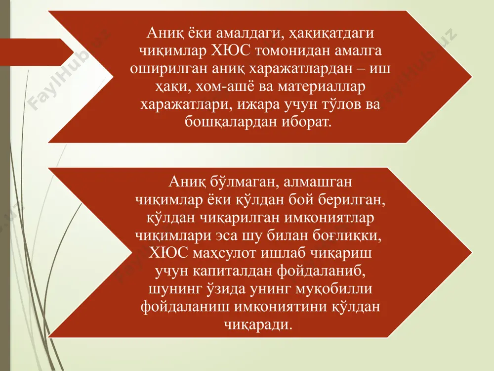 аридан иборат бўлган қарзий маблағлар кўринишидаги ресурслардан ташкил топади. хюснинг ўз маблағлари қуйидагилар ҳисобидан шаклланади: маҳсулотни реализация қилишдан олинган тушум; молиявий операциялардан келадиган даромадлар; инвестицион фаолиятдан олинган даромадлар; бошқа даромадлар. шунингдек, ўз фаолияти ҳисобидан пулларнинг келиб тушиши амортизация ажратмалари, чиқиб кетган мол-мулкни сотиш, мақсадли тушилмалар, қурилишда ички ресурсларни мобилизация қилиш, хюс иштирокчиларининг аъзолик ва бошқа бадалларининг келиб тушиши ҳисобидан ҳам амалга оширилиши мумкин. молиявий бозордан жалб қилинадиган ресурслар акция, облигация ва бошқа қимматли қоғозларнинг эмиссияси ва сотилиши натижасида ва шунингдек, кредитлар ҳисобидан шаклланади. инвестицион фаолиятдан ресурслар хюсга қимматли қоғозлар, бошқа хюсларга ҳиссали иштирок этишдан ва ҳ.к.лардан олинадиган дивидендлар ва фоизлар кўринишида келиб тушади. қайта тақсимлаш тартибида олинадиган тушилмаларга суғурта қопламалари, холдинглар, ассоциациялар ёки бошқа тармоқ тузилмаларидан келиб тушадиган молиявий ресурслар киради. хюснинг даромадлари ва харажатлари, унинг бюджет ва бюджетдан ташқари фондлар билан ўзаро алоқалари чоракларга бўлинган тарзда тегишли йил учун тузиладиган молиявий режада ўз аксини топади. молиявий режа хюс молиявий …