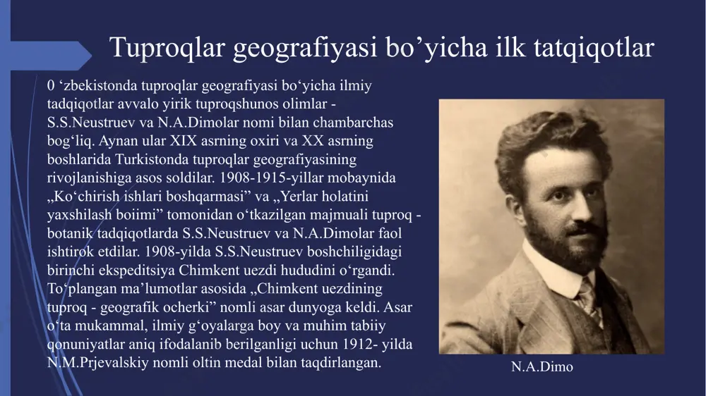 yillarida n.a.dimo tomonidan 0 ‘zbekistonda tuproqlami tasniflashda tuproq hosil boiishining choi tipiga: 1) eng oddiy cho‘1 och tus tuproqlari; 2) choi och tusli tuproqlari; 3) gipslashgan choi och tusli tuproqlar kiritilgan; vodiylarda o‘tloq tuproqlari, sug‘oriladigan hududlarda esa maxsus tip - madaniy-sug‘orma tuproqlar ajratiladi. 0 ‘rta osiyoning tog‘oldi va togii mintaqalarida (pomir misolida) n.a.dimo sakkizta: 1) choi - dasht, chala choi tog‘oldi yoki tog‘ och tuslilar bilan (cho‘1 - dasht); 2) quruq - dasht och tusli, to‘q tusli tog‘ - kashtan tuproqlar bilan; 3) tog‘ - dasht; 4) tog“ o‘tsimon (o‘tli) dashtlaming qora tuproqlariga o‘xshash tuproqlar bilan; 5) o‘tli o‘tioqlaming tog‘ - o‘tloq tuproqlari; 6) alp o‘tloqlarining baland togii o'tloq tuproqlari; 7) qor va muzliklar hamda qoplama jinslardagi dog‘simon baland tog‘ tuproqli tog‘ tundra; 8) baland tog‘ choi zonalarini ajratgan. n.a.dimo tuproq hosil boiishida tuproq faunasining rolini birinchi boiib asoslagan. u o‘z tadqiqotlarini to‘rtta yo‘nalishda amalga oshirgan: 1) tuproqlar geografiyasi va …