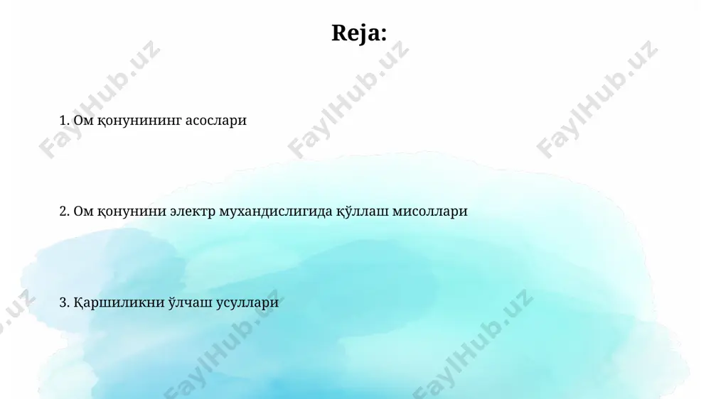 rilma 0 dan 1000 kω gacha bo'lgan diapazonda aniq o'lchovlarni ta'minlaydi. vayn-bridj sxemasi yuqori aniqlikdagi qarshilik o'lchovlari uchun ishlatiladi, xatolik chegarasi 0,1% dan kam bo'lishi mumkin, bu aniq elektron tiriklarni yaratishda muhimdir. xatolar va ularni kamaytirish usullari kontakt qarshiliklari, simlarning qarshiligi kabi parametrlar o'lchash natijalariga 1-3 ohm atrofida qo'shimcha xato keltirib chiqarishi mumkin. o'lchash xatolarining 5-10% gacha qismi apparatning o'ziga xos xususiyatlaridan, masalan, asbobning ichki qarshiligi yoki aniqlik sinfidan kelib chiqadi. elektr zanjiri elementlarining qarshiligi ba'zi elementlarning qarshiligi haroratga bog'liq; masalan, metall simlarning qarshiligi harorat oshishi bilan 0,004 ga ko'payadi, bu esa aniq o'lchashlar uchun haroratni nazorat qilishni talab qiladi. murakkab elektr zanjiri elementlarining umumiy qarshiligini hisoblashda, parallel ulangan elementlar uchun umumiy qarshilik 1/r = 1/r1 + 1/r2 + ... formulasi bo'yicha hisoblanadi, bunda r1, r2 va hokazo har bir elementning qarshiligidir. e'tiboringiz uchun rahmat @taqdimot_robot image2.jpg image3.jpg image4.jpg image5.jpg image6.jpg image7.jpg image8.jpg image1.png