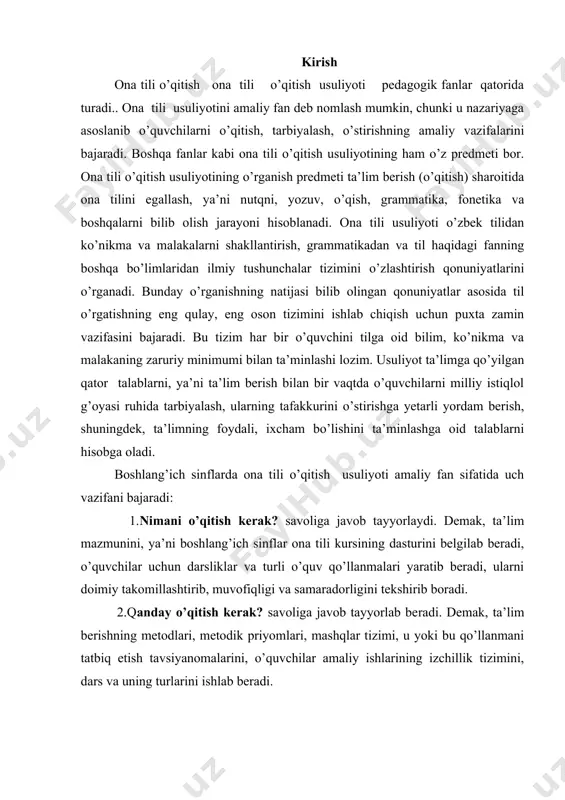miy takomillashtirib, muvofiqligi va samaradorligini tekshirib boradi. 2.qanday o’qitish kerak? savoliga javob tayyorlab beradi. demak, ta’lim berishning metodlari, metodik priyomlari, mashqlar tizimi, u yoki bu qo’llanmani tatbiq etish tavsiyanomalarini, o’quvchilar amaliy ishlarining izchillik tizimini, dars va uning turlarini ishlab beradi. 3.nega xuddi mana shunday o’qitish kerak? savoliga javob tayyorlab beradi. bunda ilmiy nuqtai nazardan eng foydali metodlarni o’rganish, tanlangan metodlarni asoslash, tavsiyalarni eksperimental tekshirish va boshqalar tushuniladi. ona tili o’qitish usuliyoti ta’limning turli bosqichlarida o’quvchilarning bilim, ko’nikma va malakalari darajasini o’rganadi, o’qitishning muvaffaqiyati yoki kamchiliklarining sababini aniqlaydi, nutqiy, orfografik va boshqa tipik xatolarni tekshiradi va ularning oldini olish, yo’qotish usullarini topadi.vaqtning, zamonning o’zi pedagogik fan sifatida usuliyotga uning vazifalarini ko’rsatib beradi. shunday qilib, hozirda ona tili o’qitish usuliyotida ta’lim berish jarayonida o’quvchilarning bilish faolligi va mustaqilligini, tafakkuri va nutqini yaxshi o’stirishni, bilim, ko’nikma va malakalarning puxta bo’lishini maksimal ta’minlaydigan metod va priyomlar faol izlanyapti. maktabgacha tarbiya muassasalari, boshlang’ich va o’rta …