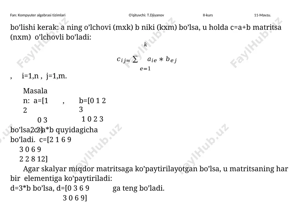 -sekans; sech-giperbolik sekans; asec- arksekans; asech-geperbolik arksekans; csc-kosikans; csch-giperbolik kosikans; acsc-arkkosikans; acsch-giperbolik arkkosekans. darajali va ko’rsatkichli funksiyalar: exp-eksponenta; natural logarifm(e asosli); log10-o’nli logarifm (10 asosli); log2-2 asosli logarifm; pow2-2 sonini darjaga oshirish; sqrt-kvadrat ildiz (argument manfiy bo’lsa kompleks sonni beradi); fan: kompyuter algebrasi tizimlari o’qituvchi: t.djiyanov ii-kurs 11-mavzu. nextpow2- nextpow2(n) ko’rinishida 2^p>=|n| (|n|-modul n) tengsizlikka qanoatlantuvchi birinchi p-sonini beradi. sonlarga ishlov beruvchi funksiyalar: ab1- sonning absolute qiymati(moduli); angle-kompleks sonning burchagi(fazasi); conj-kompleks sonning to’ldiruvchisi; imag-kompleks sonning mavhum qismi; real-kompleks sonning haqiqiy qismi; isreal-predikat. haqiqiy elementli matritsalar uchun “rost”ni (1) beradi; qoldiq va yaxlitlash funksiyalar fix-nol tomonga yaxlitlash; floor-(-∞) tomonga yaxlitlash; ceil-(+∞) tomonga yaxlitlash; round-eng yaqin butun tomonga yaxlitlash; mod(x,y)-bo’lish natijasidagi qoldiq; rem(x,y)-bo’lish natijasidagi qoldiq; fan: kompyuter algebrasi tizimlari o’qituvchi: t.djiyanov ii-kurs 11-mavzu. agar x va y ning qiymatlari bir xil ishorali bo’lsa mod va rem bir xil qiymatga ega bo’ladi, aks holda har xil qiymatga ega bo’ladi. sign- sonning ishorasini aniqlovchi …
