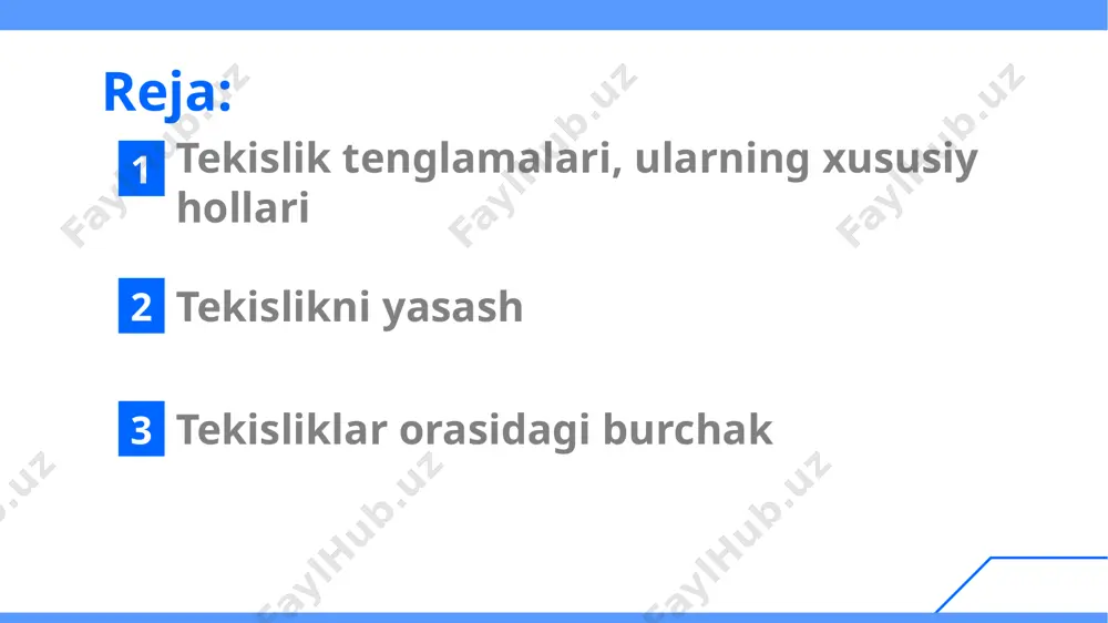 tenglamalari, ularning xususiy hollari y z 0 x v. a) va bo’lsa, u holda yoki va tekislik koordinatalar tekisligi bilan ustma-ust tushadi. tekislik tenglamalari, ularning xususiy hollari y z 0 x v. b) va bo’lsa, u holda yoki va tekislik z koordinatalar tekisligi bilan ustma-ust tushadi. tekislik tenglamalari, ularning xususiy hollari y z 0 x v. c) va bo’lsa, u holda yoki va tekislik koordinatalar tekisligi bilan ustma-ust tushadi. tekislik tenglamalari, ularning xususiy hollari y z 0 x quyidagi ma’lum shartlarni qanoatlantiruvchi tekisliklar tenglamalari keltirilgan: a) berilgan nuqtadan o’tuvchi va berilgan normal vektorga ega tekislik tenglamasi: tekislik tenglamalari, ularning xususiy hollari quyidagi ma’lum shartlarni qanoatlantiruvchi tekisliklar tenglamalari keltirilgan: b) tekislikning kesmadagi tenglamasi bunda – tekislikning mos koordinata o’qlaridan kesadigan kesmalari; tekislik tenglamalari, ularning xususiy hollari quyidagi ma’lum shartlarni qanoatlantiruvchi tekisliklar tenglamalari keltirilgan: c) berilgan uchta , va nuqtadan o’tuvchi tekislik tenglamasi: tekislik tenglamalari, ularning xususiy hollari м1 м2 м3 м …