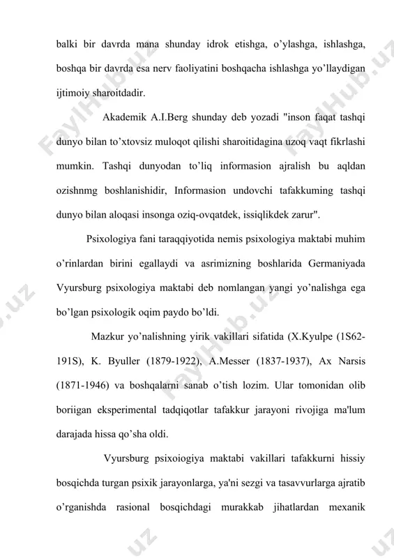 ng mohiyatida bixeviorizm nafasi urib turadi. hammasi uchun umurniy fomiula s-r, ya'ni stimul-reaksiya xizmat qilib kelmoqda. dj.uotson tafakkuming ichki nutq va noverbal tovushsiz imo-ishora, mimika, yelka qisishi, qosh suzish, kommunikasiya, muloqot birga qo’shib, keng ma'noda tushunadi va uni uchta shaklga ajratib o’rganadi. nutq shakllaridan biri nutq malakalarini sekin-asta avj oldirish deb ataiadi. bu she'rni yoki sitatani aniq esga tushirishda o’z ifodasini topadi. tafakkurning ikkinchi shakli sub'ekt uchun yangi bo’lmagan topshiriqni so’z yordami bilan yechish, yarim-yortisi unutilgan she'rni eslashga harakat va nihoyat, yangi topshiriqni yaqqol ifodali harakat va so’z yordami biian yechish. dj.uotson uchun malaka-u individual egallagan va o’rganiigan xatti-harakatdir. ushbu nazariya nuqtai nazaridan qarasak, tafakkur malakaga yaqinlashtirilib qo’yiladi, cbunki she'rni esga tushirish ham tafakkur deb talqin qilinadi. dj.uotson tilni o’zlashtirishning ijtimoiy jihatlarini umuman hisobga oimagan, nutqning tuzilishi va rivojlanishiga sira etibor qilmagan. nutq bilan tafakkur birligi to’g’risida tamoyilni anglab yetmagan, tatakkur va ongning xulq ko’rinishi sifatida olib qaragan. tashqi olamdagi …