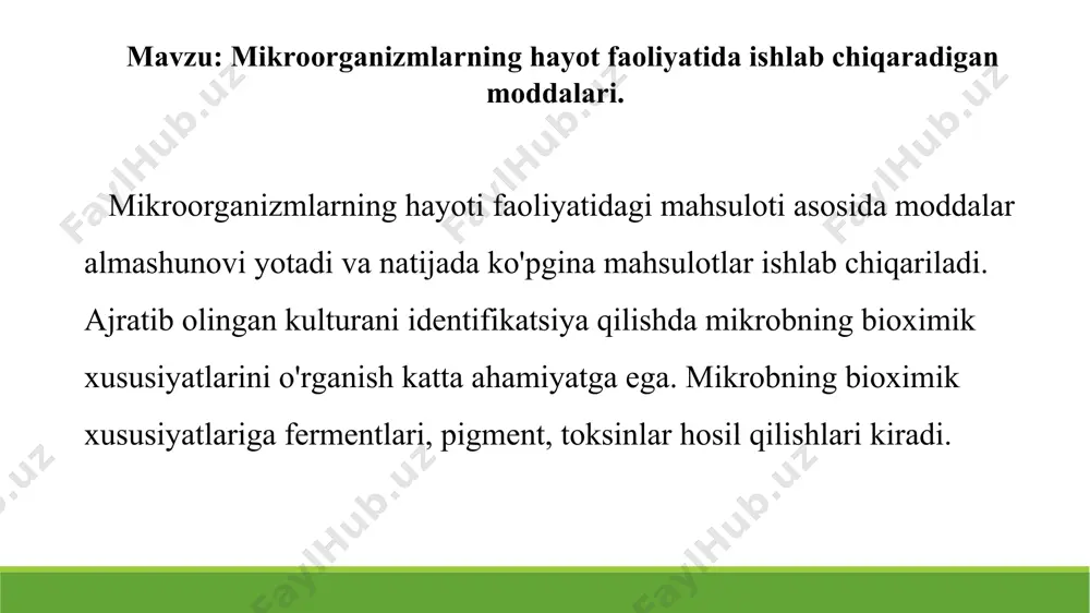 yralarning normal oʻsishiga va butun organizmning rivojlanishiga yordam beradi, organizmda fermentlar tarkibiga kirib, ularning normal funksiyasi va faolligini taʼminlaydi. antibiotiklar. antibiotiklar uni ishlab chiqargan mikroorganizm oilasi yoki turi nomiga qarab nomlanadi. masalan, penitsillin uni ishlab chiqargan penicillium zamburug‘i oilasining nomi bilan; gramitsidin esa uni sintez qilgan gramijobiy bakteriyalar nomi bilan yuritiladi. antibiotiklarning juda kо‘plari ajratib olingan va о‘rganilgan. ularning kimyoviy tabiati turlichadir. fototroflar va xemotroflarda ishlatiladigan energiyadan foydalanish yo‘llari o‘xshash. ular oraliq almashinish, yoki amfibolizm reaksiyalari hamda hujayra moddalarini sintezlash reaksiyalari yoki anabolizmdan iborat. kimyoviy moddalar parchalanishi bilan bog‘liq energiya ajralishiga katabolizm deyiladi. energiya ajralishi bilan boradigan reaksiyalar ekzergonik, energiyaning yutilishi bilan boradiganlari esa endergonik reaksiyalar deyiladi. biologiya fanida energiyaning standart o‘lchovi sifatida kilokaloriya qabul qilingan. 7. adabiyotlar. 1. bakulina n.a., kraeva e.l. mikrobiologiya. t., “meditsina” nashri-yoti. 1979. 2. vorobyov a.a., bыkov a.s. «mikrobiologiya». m., izd-vo «vыsshaya shkola». 2003. 3. pyatkin n.d., krivoshein yu.s. mikrobiologiya va immunologiya. m., izd-vo «meditsina» …
