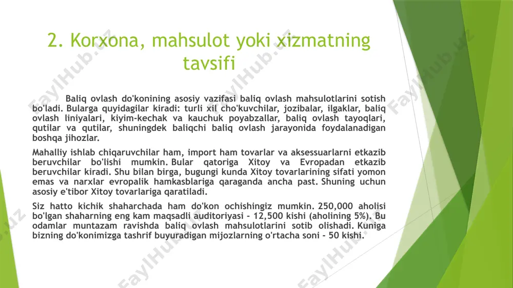 mayda baliqlarni sotib olish: № nomi o’lchov birligi soni narxi jami summa 1 chavoq tolstolob kg 500 9 000 4 500 000 2 sazan kg 200 15 000 3 000 000 3 amur kg 150 14 000 2 800 000 jami : 10 300 000 ozuqa mahsulotlarini sotib olish: 1 go’ng tn 12 80 000 960 000 2 оmuxta yem tn 12 800 000 9 600 000 3 oddiy supper fosfat kg 500 500 250 000 4 аmiakli slitsa kg 500 340 170 000 5 granula super fosfat kg 500 400 200 000 6 ikkilamchi super fosfat kg 250 400 100 000 jami : 11 280 000 hammasi: 21 580 000 № nomi 1-yil 1 baliq mahsulotlarini sotib olish uchun 21 580 000 2 ish haqi xarajatlari 14 760 000 3 kommunal to’lovlar 1 504 800 4 veterinariya xizmatlari 100 000 5 transport xarajatlari 100 000 6 jami xarajatlar 38 …