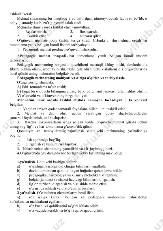 ni tanlash. jamoa a’zalarining har birining kuchiga, qobiliyatiga qarab topshiriqlar berish. jamoada yangi an’ana, qonun qoidalarni dastlabki kurtagini yaratish va unga amal qilish. jamoa istiqbolini davr talabi bilan moslashgan holda belgilash talab qilinadi. kishikim bo’lsa donishmand oqil bular ilm va hunarla ko’ngli moyil. furqat. har bir o’qituvchi pedagogik faoliyat yuritar ekan, berayotgan ta’lim-tarbiyasini yanada samarali chiqishi uchun u o’z ustida muttasil ishlashi, bilimini, mahoratini o’stirishi kerak. o’qituvchilar bilan bo’ladigan munosabatlarni puxta o’ylab ularning ko’ngigi ozor yetkazmasdan muomala madaniyatini bilgan holda ish olib bormog’i lozim. har bir o’qituvchining dunyoqarashi uning muomalasidan namoyon bo’ladi. muomalaning asosiy vositasi tildir. xalqimizdan shunday naql bor: “bola shirin so’zning gadosi”. bas shunday ekan, tarbiyachi o’z muomilasida juda ehtiyotkor bo’lishi kerak. a.navoiy muomala qiluvchi shaxsning mahorati haqida shunday deydi: “shirin so’z ko’ngillar uchun bamisli asaldir”. yana bu haqda husayin voiz koshifiy shunday deydi: “nasihatli shirin so’z-u muloyimlik birla ibtido qilday, chunki bu zamonda yumshoqlik va xushruylik ko’rgazmayin …