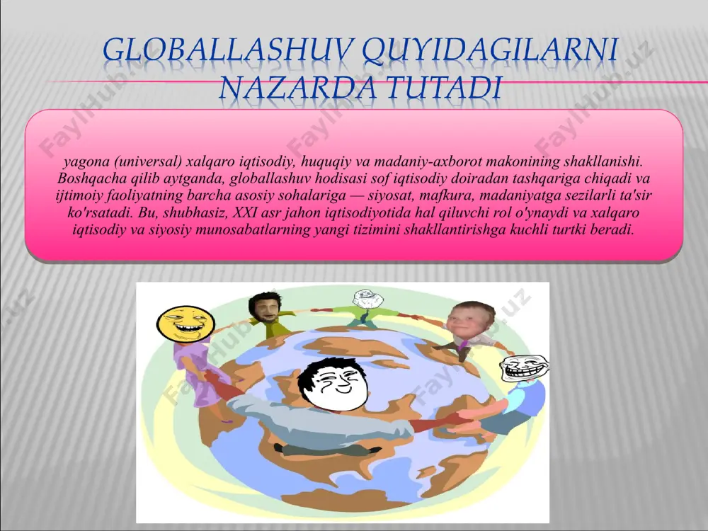 munosabatlar va o'zaro bog'liqlikni chuqurlashtiradi, kengaytiradi va tezlashtiradi. ko'rib turganingizdek, global miqyosda globallashuv ijobiy va salbiy tomonlarga ega, ammo bu xalqaro hayotning barcha sub'ektlari moslashishi kerak bo'lgan ob'ektiv jarayon.