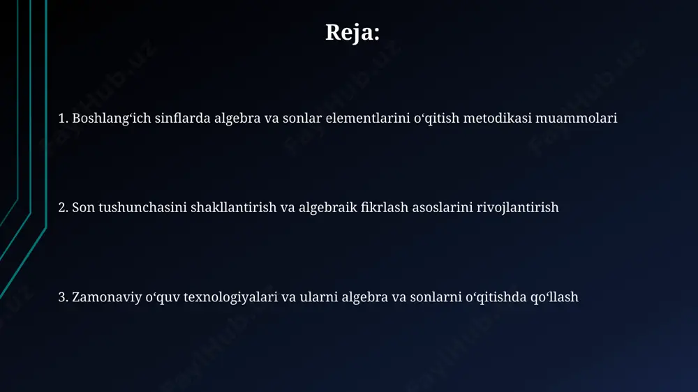 0 ta maktabda qo'llanilgan interaktiv o'yinlar, 5-sinf o'quvchilarining algebraik tenglamalarni yechish ko'nikmalarini 10 ballga oshirgan. zamonaviy interaktiv o'quv dasturlari, masalan, 2-sinf uchun "matematika dunyosi" dasturi, samarqanddagi maktablarda 15% ga o'quvchilarning algebra asoslarini o'zlashtirishini yaxshilagan. oʻqituvchilarning kasbiy tayyorgarligi 2023-yilgi ma'lumotlarga ko'ra, toshkent shahridagi 50 ta boshlang'ich maktab o'qituvchilarining 30 foizi algebra va sonlar elementlarini o'qitish bo'yicha qisqa muddatli kurslardan o'tmagan. andijon viloyatidagi 100 nafar boshlang'ich sinf o'qituvchisi orasida o'tkazilgan so'rov natijalariga ko'ra, 75 nafari zamonaviy o'quv uslublari va texnologiyalaridan foydalanish bo'yicha yetarli darajada tayyorgarlikka ega emas. individual yondashuv va differensiatsiya boshlangʻich sinflarda algebra va sonlar elementlarini oʻqitishda individual yondashuv 20 dan ortiq oʻquvchilarga ega boʻlgan toshkentdagi 3-maktabda oʻquvchilarning matematik qobiliyatlarining farqini hisobga olgan holda, turli darajadagi topshiriqlarni tayyorlashni talab qiladi. individual yondashuv va differensiatsiyani samarali amalga oshirish uchun 10 ta oʻquvchi boʻlgan kichik guruhlarda ishlash, namangan viloyatining maktablarida qoʻllaniladigan 3 bosqichli baholash tizimidan foydalanish va oʻquvchilarning individual ehtiyojlarini aniqlash muhimdir. amaliy …