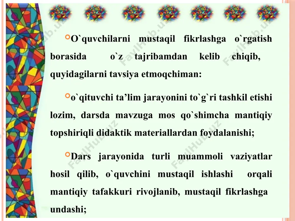 emasligini ko'rib turadi; mashg'ulotga tayyorlanmagan o`quvchi og'zaki muhokama paytida ko'rib chiqilayotgan mavzu yuzasidan anchagina foydali bilimlar oladi; bu metod kichik guruhda olib boriladigan ish bo'lib, o`quvchi intizomini mustahkamlaydi va ularni jipslashtiradi, chunki o'zining javob varianti ustida uzoq o'ylab o'tiradigan o`quvchi butun guruhga ajratilgan vaqtni sarflab yuboradi. shuningdek o`quvchi mashg'ulotga tayyor bo'lmasa, bunda ham guruhga pand beradi; o`quvchilar o'z javoblarini ikki marta, ya'ni yozma ish paytida va og'zaki muhokama vaqtida tahlil qilib chiqishadi. o’qituvchi tomonidan qo’yilgan muammo yoki savollarga guruhdagi har bir o’quvchilar tomonidan o’z fikr- mulohazalarini bildirishadi 4-sinf tabiatshunoslik mavzu: o’zbekiston tabiatini muhofaza qilish tabiatni muhofaza qilish yo’llari 4-o’quvchi maishiy chiqindilarni maxsus qutilarga tashlash 1-o’quvchi ko’kalamzorlashtirish 2-o’quvchi qizil kitob 3-o’quvchi qo`riqxonalar 5-o’quvchi qushlarga ozor bermaslik 6-o’quvchi noyob o’simliklar turini ko’paytirish o’zbekiston qo’riqxonalari 1-o’quvchi toshkent viloyatida -chotqol biosfera qo’riqxonasi; 4-o’quvchi surxondaryoda-surxon davlat qo`riqxonasi 2-o’quvchi jizzax viloyatida zomin qo’riqxonasi 3-o’quvchi samarqandda- zarafshon davlat qo’riqxonasi 5-o’quvchi navoiyda -nurota 6-o’quvchi buxoroda- qizilqum 7-o’quvchi qashqadaryoda- …