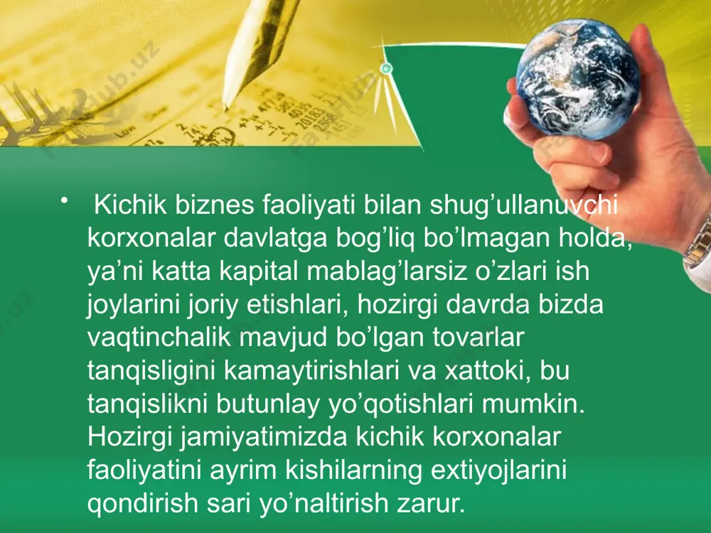nlovchi butun tizimning ajralmas qismini tashkil etadi. bundan tashqari, kichik korxonalar tavakkalchilik xavfi yuqori bo’lgan sharoitlarda ishlab chiqarishning ma’qul shakllaridan hisoblanadi. muammolarni aniqlash (diagnostika); qaror va loyihalar ishlab chiqish; qaror va loyihalarni amalga oshirish. image2.jpeg image1.jpeg