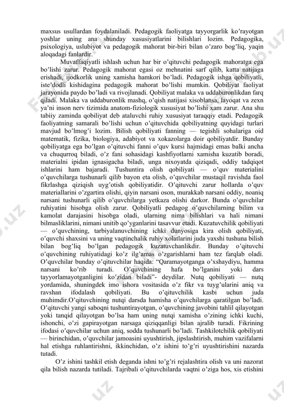 di va ularni oʼqituvchi faoliyati bilan bogʼliq tarzda bir qadar aniqlaydi. pedagogik etikada gumanizm, adolatlilik, vijdonlilik, halollik, yaxshilik qilish kabilar oʼqituvchilik faoliyati bilan bogʼliq ravishda tahlil qilinadi. аhloq nazariyasida yaxshilik eng muhim kategoriya hisoblanadi. yaxshilik-ahloqiy ijobiy fazilat boʼlib, normativ etikaning idealini, individual ahloqda ijobiy-xulqiy fazilatlarni mazmunini inson faoliyati yoki biror hatti-harakatiga ijobiy munosabatining yigʼindisini aks ettiradi. yaxshilik kishining ongi va ahloqiy amaliyotida jamiyat va shaxs manfaatlarining birligini aks ettirib jamiyat va shaxsga manfaat keltiradigan, ijtimoiy taraqqiyotga mos keladigan tushunchalar. pedagogik etikada yaxshilik tushunchasi oʼqituvchi faoliyati bilan bogʼliq holda aniqlashtiriladi. unda oʼqituvchi va oʼquvchilar jamoasi manfaatlarining birligi, muallim va oʼquvchi maqsadining birligi, taʼlim va tarbiyaning samarasi uchun kurashning birligi aks etadi. yaxshilik fazilati ikkala tomonning ham yaxshi niyatli, xayrihoh, mehribon boʼlishini taqozo qiladi. yaxshilik qaror topishi uchun yomonlikka murosasiz boʼlishi lozim. yaxshi istak bilan xush muomalalik, yaxshi qiliq, yaxshi hatti-harakatning birligi zarur. shaxs axloqini xarakterlaydigan belgilardan biri masʼuliyatdir. oʼqituvchining masʼuliyati — …