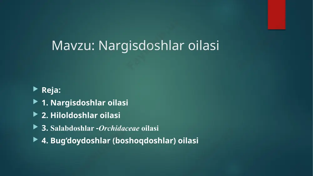 an, uzunchoq, uchi ingichka. barglari mayin, yassi yoki yarim buralgan, poyadan kaltaroq, asosan, adir o’simligi, uni chorva mollari, qo’y-echkilar yaxshi iste'mol qiladi. mevasi qo’ng’iroq qoramtir tusda bo’lib, poyasining uchki qismida joylashgan. ba'zida shuning uchun qorabosh deb ham aytiladi. urugidan undirish qiyin. rangning afzalligi shundaki, qorako’l qo’ylari qishdan toliqib, vitaminlarga ehtiyoj sezilgan paytda, ko’m-ko’k bo’lib o’sadi. uni mollar yeb, ancha tetiklashib oladi. qo’y, qoramol, otlar uchun yaxshi xashak hisoblanadi. qiyoqlardan bo’yra to’qishda, manzarali, qumni mustahkamlaydigan o’simlik sifatida ham foydalaniladi. salabdoshlar -orchidaceae oilasi bu oilaga 750 turkum 20 000 tur kiradi. o’zbekistonda 5 ta turkumga oid 9 ta turi o’sadi. oila vakillari yer yuzida keng tarqalgan. ularga asosan ko’p yillik o’tlar, lianalar, butalar va ba'zi epifit o’simliklar kiradi. barglari xilma - xil yoki reduktsiyalangan. to’pgullari boshoqsimon, shingilsimon yoki ro’vaksimon. gullari ikki jinsli, zigomorf, gulqo’rg’oni 6 ta bo’lakdan iborat. changchilarining iplari qo’shilib o’sgan. mevasi ko’p urug’li ko’sakcha. salabdoshlarning ayrim turlari manzarali o’simliklar hisoblanadi. …