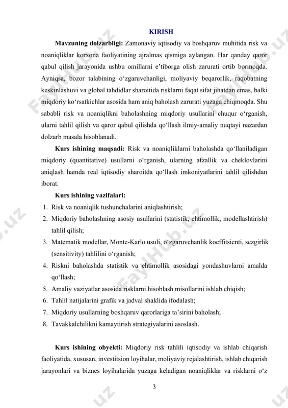 alar, foydalanilgan adabiyotlar ro‘yxatidan tashkil topgan. i-bob risk va noaniqlik tushunchasi hamda ularning nazariy asoslari. 1.1. risk va noaniqlik tushunchalarining iqtisodiy mazmuni. iqtisodiyotda risk va noaniqlik tushunchalari muhim nazariy va amaliy ahamiyatga ega bo‘lib, iqtisodiy qarorlar qabul qilish jarayonida ularning o‘rni beqiyosdir. har bir iqtisodiy faoliyat o‘z ichiga ma'lum darajadagi noma'lumlikni, bashorat qilib bo‘lmaydigan holatlarni, kutilmagan o‘zgarishlarni oladi. shu sababli, risk va noaniqlikni to‘g‘ri tushunish, ularni tahlil qilish va ularga qarshi mos strategiyalar ishlab chiqish har qanday iqtisodiy subyekt – bu biznes egalari, davlat tashkilotlari yoki yakka tartibdagi tadbirkorlar bo‘lishidan qat'i nazar – uchun zaruriy hisoblanadi. iqtisodiy mazmunda risk – bu kelajakda yuz berishi mumkin bo‘lgan salbiy yoki ijobiy natijalarning oldindan aniq emasligi, ya'ni qaror qabul qilish jarayonida yuzaga kelishi mumkin bo‘lgan turli natijalar ehtimolini ifodalovchi tushunchadir. risk har doim alternativalarning mavjudligi bilan bog‘liq bo‘ladi. masalan, investor muayyan loyihaga sarmoya kiritishda, bu loyiha kutilgan daromadni beradimi yoki zarar keltiradimi, bu …