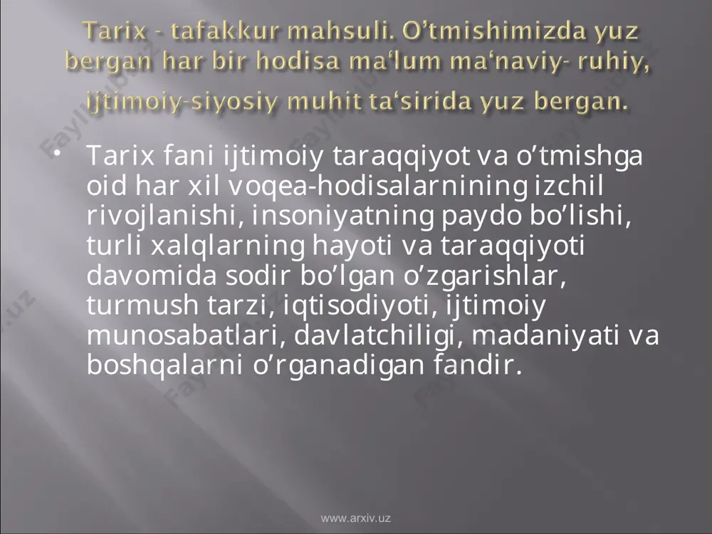 bajaradi. yangi jamiyat ko’rish, yangi g’oyalar asosida yangicha fikrlashni ham taqozo etishi vatan tarixi fani yoshlarda yo’qsak ma‘naviy fazilatlarni shakllantirish, milliy ongni uyg’otish bilan bir qatorda ularni xalqi va vataniga munosib farzand bo’lish ro’hida tarbiyalashga xizmat qiladi. www.arxiv.uz www.arxiv.uz www.arxiv.uz o’zbekiston tarixini yaratish va uni o’rganishning ilmiy-nazariy va metodologik asoslari dialektik metod ilmiylik ijtimoiy yondoshuv mantiqiy-qiyosiy xulosalar chiqarish, davrlashtirish, sotsiologik tadqiqotlar o’tkazish, statistik, matematik va boshqa usullar tarixiylik xaqqoniylik izchillik faktlarni taqqoslash www.arxiv.uz kishilik jamiyatining tarixini, tarixiy voqea va hodisalarni o’rganishning muhim nazariy- metodolgik asoslaridan biri jamiyat taraqqiyoti qonunlarini ochib beruvchi dialektik metoddir. insoniyat hayoti, jamiyat taraqqiyoti dialektik jarayondir. dialektika amalda yagona va yaxlit,unda sodir bo’ladigan hodisalar, voqealar umumiy va bog’lanishda,uzluksiz harakatda, ziddiyatli taraqiyotda bo’ladi, deb ta‘lim beradi. dialektika juda uzoq tarixga ega, uning bilish nazariyasi sifatida shakllanishi va rivojlanishida geraklit, aristotel, muso al- xorazmiy, abu nasr farobiy, abu rayxon beruniy, abu ali ibn sino, ulug’’bek, dekart ,spinoza , gegel …
