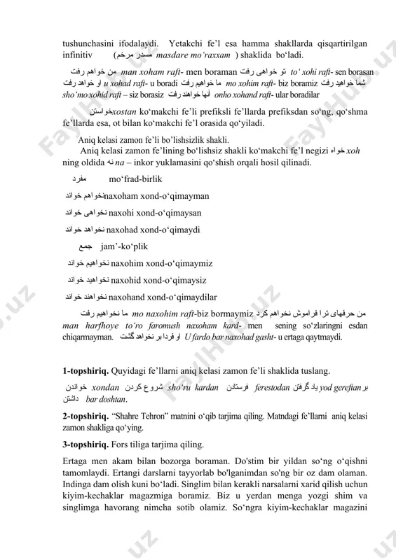 infinitiv shaklini keltirish orqali hosil qilinadi. aniq kelasi zamon fe’lining tuslanishida ko‘makchi fe’l o‘z leksik ma’nosini yo‘qotib, kelajak tushunchasini ifodalaydi. yetakchi fe’l esa hamma shakllarda qisqartirilgan infinitiv (مسدر مرخم masdare mo‘raxxam ) shaklida bo‘ladi. من خواهم رفت man xoham raft- men boraman تو خواهی رفت to‘ xohi raft- sen borasan او خواهد رفت u xohad raft- u boradi ما خواهیم رفت mo xohim raft- biz boramiz شما خواهید رفت sho‘mo xohid raft – siz borasiz آنها خواهند رفت onho xohand raft- ular boradilar خواستنxostan ko‘makchi fe’li prefiksli fe’llarda prefiksdan so‘ng, qo‘shma fe’llarda esa, ot bilan ko‘makchi fe’l orasida qo‘yiladi. aniq kelasi zamon fe’li bo’lishsizlik shakli. aniq kelasi zamon fe’lining bo‘lishsiz shakli ko‘makchi fe’l negizi خواه xoh ning oldida نه na – inkor yuklamasini qo‘shish orqali hosil qilinadi. مفرد mo‘frad-birlik نخواهم خواندnaxoham xond-o‘qimayman نخواهی خواند naxohi xond-o‘qimaysan نخواهد خواند naxohad xond-o‘qimaydi جمع jam’-ko‘plik نخواهیم خواند naxohim xond-o‘qimaymiz نخواهید خواند naxohid xond-o‘qimaysiz …