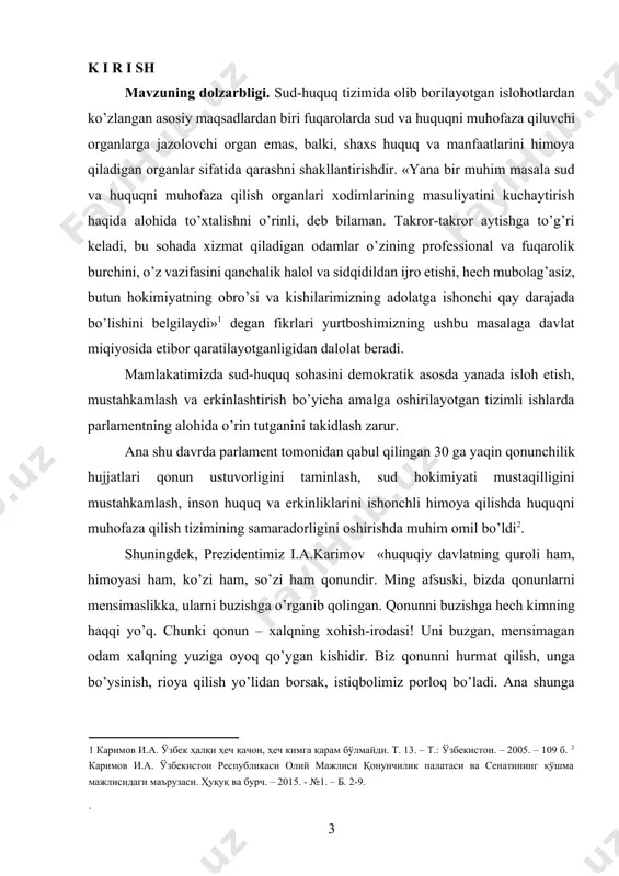 rmalariga rioya etilishiga, balki guvohlar, shuningdek, odil sudlov faoliyatiga jalb etilgan boshqa shaxslarning fuqarolik burchini beg’araz va xolis bajarishiga ham ko’p jihatdan bog’liq. bugungi kunda jinoyatchilikka qarshi samarali kurash olib borishda guvoh ko’rsatuvlarining ahamiyati beqiyos, zero hozirgi zamon jinoyat protsessida guvoh ko’rsatuvlari haqqoniyligini taminlash jinoyat huquqiy taqiqlarni o’rnatish orqali maxsus muhofaza ostiga olingan, mazkur huquqiy muhofaza mexanizmi barcha davrda, xususan, mamlakatimizning bugungi va kelajakdagi jinoyatchilikka qarshi kurash siyosati uchun ham muhim ahamiyat kasb etadi. odil sudlovga qarshi jinoyatlar-surishtiruvchi, tergovchi, prokuror, sudya, shuningdek, jinoyat protsessining boshqa ishtirokchilari tomonidan surishtiruv, dastlabki tergov hamda sud ish yurituvi tartibiga oid qonunlarni buzish yo’li bilan odil sudlov va shaxs manfaatlariga zarar etkazadigan, shu bilan sudga jinoyat, fuqarolik yoki xo’jalik ishlari bo’yicha odil sudlovni amalga oshirish vazifalariga to’sqinlik qiluvchi qasddan sodir etiladigan ijtimoiy xavfli qilmishlardan hisoblanadi. mazkur turdagi jinoyatlarning ijtimoiy xavfliligi shundaki, yolg’on guvohlik fuqarolik, jinoyat va xo’jalik ishlari bo’yicha haqiqatni aniqlashni qiyinlashtiradi, odil sudlov organlarini …