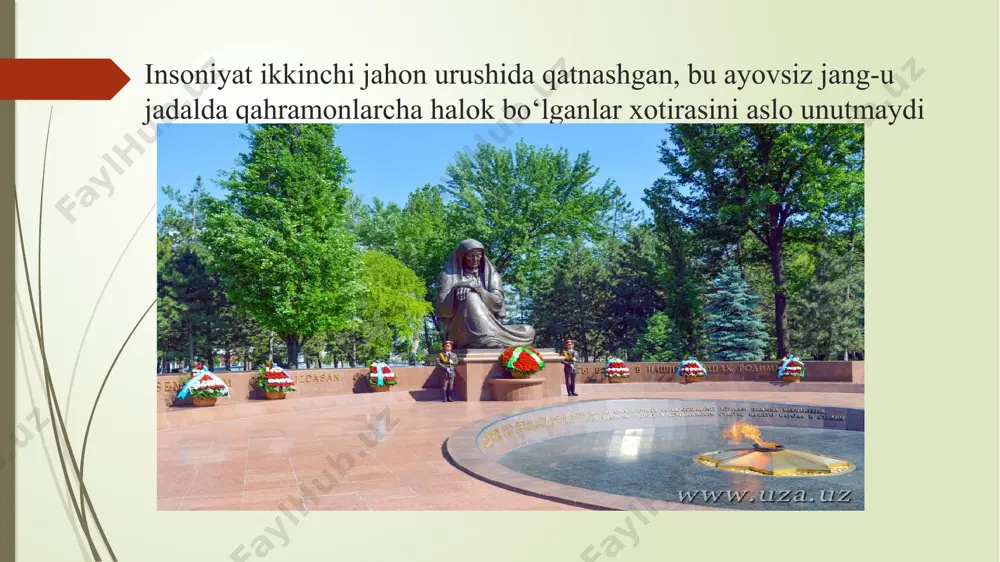 - tatar, xolida- moldavan, samug‘- chuvash, yo‘ldosh, ergash- yahudiy, halima- qozoq, qoravoy, ne’mat, muazzam, hakima, ulug'bek- o'zbek edilar. shomahmudovlar oilasi kattalari toshkenlik temirchi shoahmad shomahmudov (1891- 1970), turmush o‘rtog‘i bahri akramova (1903-1987) yetim bolalarga g'amxo'rlik qilish, ularning kelajagini ta'minlash ma'suliyatini o‘z zimmalariga olishgan. ularning ikkisining ham kasblari temirchi bo‘lib, toshkent telman nomidagi zavodda ishlashardi. shomahmudovlarning bitta o‘g‘li bo‘lgan, u ham majburiy urushga jo‘natiladi va bir oyoqsiz bo‘lib qaytadi. uyiga qaytgach u o‘zi bilan bir bolani olib keladi. shomahmudovlar bu bolani ham mamnuniyat bilan qabul qilishadi. fashistlarning tor-mor qilinishida o‘zbekistonda urush yillarida ishlab chiqarilgan qurol-aslahalar katta ahamiyat kasb etdi. sanoatning asosiy qismi harbiy qurol ishlab chiqarishga yo‘naltirilib, ular jang maydoniga uzluksiz yuborib turildi. o‘zbekiston 1943-yili nemis-fashistlaridan ozod qilingan hududlarga yordam berishni boshlab yuborgan. masalan, mazkur yilning oktyabrida o‘zbekistondan belorussiya, ukraina va rossiyaning dushmandan tozalangan yerlariga 800 nafar vrach safarbar qilinganligi haqida ma’lumotlar keltirilgan. e’tiboringiz uchun rahmat! image1.jpeg image2.png image3.png image4.png image5.jpeg …