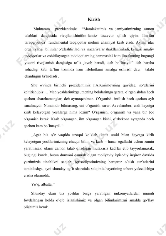 elektronlari mavjud bo‘ladi va ular elektr tokini o‘tkaza oladi. yarim o‘tkazgichlarning bu xossasi ularni dielektriklardan farqlaydi. dielektirlarda normal sharoitda bunday zaryad tashuvchilar bo‘lmaydi. toza yarim o‘tkazgichlarda qancha o‘tkazuvchanlik elektronlari paydo bo‘lsa, shuncha kovaklar hosil bo‘ladi. o‘tkazguvchanlik elektronlari zichligi n0 - kovaklarniki- p0 bo‘lsa, xususiy o‘tkazuvchanlik -ni –zaryad tashuvchilar zichligi quyidagi ko‘rinishda bo‘ladi. (2) ma’lum bir temperaturada zaryad tashuvchilar miqdori taqiqlangan zona kengligiga bog‘liq bo‘ladi. eg -qancha kichik bo‘lsa o‘tkazuvchanlik elektronlar soni shuncha ko‘p bo‘ladi. ge uchun eg=0.67 zv si uchun eg =1.14 zv tashkil etadi. masalan xona temperaturasi (t=3000k) bo‘lsa ge kristalldagi o‘tkazuvchanlik elektronlari zichligi si nikidan taxminan 103 marta katta. yarim o‘tkazgichlarning taqiqlangan zona kengligini optik usulda aniqlash mumkin. yarim o‘tkazgichlarda yorug‘likning yutilishi koeffitsientini to‘lqin uzunligiga bog‘liqligi o‘rganildi. foton energiyasi bo‘lganda u deyarli yutilmaydi. uning energiyasi valent zonadagi elektronlarni o‘tkazuvchanlik zonasiga ko‘tarishi uchun etmaydi bo‘lganda fotonlarning yutilishi boshlanadi. yutilgan foton kristallda elektron va kovakni vujudga keltiradi. yarim o‘tkargichlarda yorug‘lik …