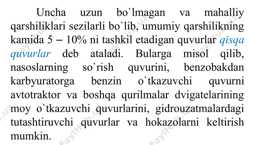 quvurlar uzun o’tkazgich quvurlarning parallel o’lchanishda, m va n nuqtalar oralig’da bir necha quvurlar o’tadi quvurlar qarshiligini to’liq yengishga sarflanadigan quvurlarning boshi va oxiridagi pyezometrik naporlarning farqi h naporni tashkil etadi. har qaysi uchastka quvurida harakat bir xil napor ostida sodir bo’ladi. lekin uchastka uzunliklari har xil bo’lgani uchun, har qaysi uchastkada gidravlik nishablik har xil istalgan uchastka bo’yicha o’tadigan sarf (1) yoki (2) alohida uchastkalar sarfvlarining yig’indisi umumiy sarfga teng, ya’ni parallel ulangan quvurlar sistemasining m nuqtasiga keladigan va shu sistemaning n nuqtasidan chiqib ketadigan sarflar teng: (3) (1) va (3) lardan (4) yoki (5) testlar 1.“uzun” quvurlar deganda qanday quvurlar tushuniladi? a) suyuqlikni ideal deb faraz qilinganda; b) suyuqlik laminar tartibda harakatlanganda; c) suyuqlik oqimining turbulent tartibdagi harakatida; d) maxalliy napor yo‗qolishlari uzunlik bo’yicha napor yo’qolishining 5 foizdan kam miqdorini tashkil qilganda. 2.“qisqa” quvurlar deganda qanday quvurlar tushuniladi? a) suyuqlikni ideal deb faraz qilinganda; b) maxalliy napor yo‗qolishlari …