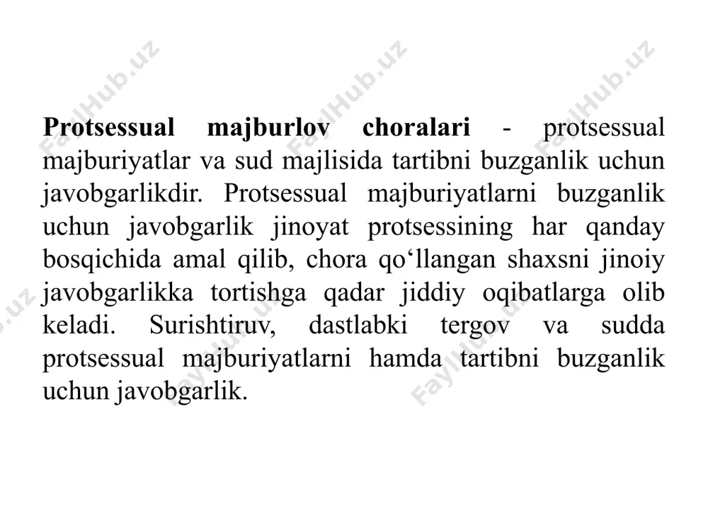 uvchi, tergovchi, prokurorning taqdimnomasi yoki sudning xususiy ajrimini bajarmaganlik yoxud talab darajasida bajarmaganlik uchun qonunda nazarda tutilgan javobgarlikka tortilishlari mumkin. o‘zbekiston respublikasi jinoyat-protsessual kodeksining 272moddasiga ko‘ra sud majlisida tartibni buzgan, raislik qiluvchining farmoyishlariga bo‘ysunmagan yoki sudni behurmat qilgan tartibbuzar bunday harakatlarning takrorlanishi uni sud majlisi zalidan chiqarib yuborishga sabab bo‘lishi, ma’muriy javobgarlikka tortilishi ham mumkinligi xususida ogohlantiriladi. ogohlantirish kor qilmasa, protsess ishtirokchisi sud majlisi zalidan chiqarib yuboriladi va ishni ko‘rish chiqarib yuborilgan shaxslarsiz davom ettiriladi. mazkur protsessual majburlov chorasi sud majlisi vaqtida tartibni buzgan prokuror yoki advokatga nisbatan ham qo‘llanilishi mumkin. ular tartibni buzganligi uchun sud majlisi zalidan chiqarib yuborilmay, ishni eshitish keyinga qoldiriladi, bir shaxsni bir necha ayblovchi ayblayotgan yoki bir necha himoyachi himoya qilayotgan hollar bundan mustasno. ayblovchi yoki himoyachining nomunosib xulq-atvori to‘g‘risida sud xususiy ajrim chiqarib, uni tegishliligiga qarab, yuqori turuvchi prokuror yoki advokatlar malaka komissiyasiga yuboradi. sud zalidan sudlanuvchi chiqarib yuborilgan bo‘lsa, ishni ko‘rish davom ettiriladi, …