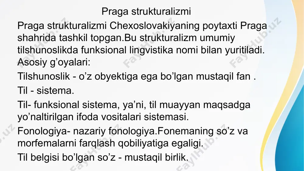 gi munosabatlarni o’rganishga qaratilgan .glossematika leksik(so’z) va sintaktik(gap) tuzilmalarini bir - biridan ajratmay, ularni o’zaro bog’lab ko’radi. bu orqali til tizimini yanada chuqurroq tahlil qilish imkonini beradi. glossematika , shuningdek, tilning fonetik va fonologik tomonlarini ham o’z ichiga oladi. shuningdek , glossematika 1950- yillarda strukturalizm va ponstrukturalizm nazariyalari bilan birga rivojlandi. xulosa xulosam shundan iboratki ,praga , amerika va kopengagen strukturalizmi bir- biridan tashkil topgan joy nomiga , tilni struktural hodisa sifatida olib uni tuzilishiga ko’ra tahlil qilishda metodlariga, lisoniy hodisalarga qaysi nuqtai nazardan yondashishiga ko’ra o’zaro farqlanadi. glossematika tilshunoslikda muhim o’rin egallagan va yelmslevning ishlari lingvistika va ijtimoiy fanlarda chuqur ta’sir ko’rsatgan. bu maktab , tilni tizimli ravishda tahlil qilish orqali inson fikr va madaniyatini yanada aniqroq tushunish imkonini beradi struktural tilshunoslik maktablarining eng asosiy, eng muhim nuqtalarda umumiy g’oyalari birlashadi. bular : tilshunoslik fanining tekshirish obyekti tildir. til muayyan munosabatda bo’lgan, o’zaro bog’liq, bir -birini talab qiladigan belgilar, …