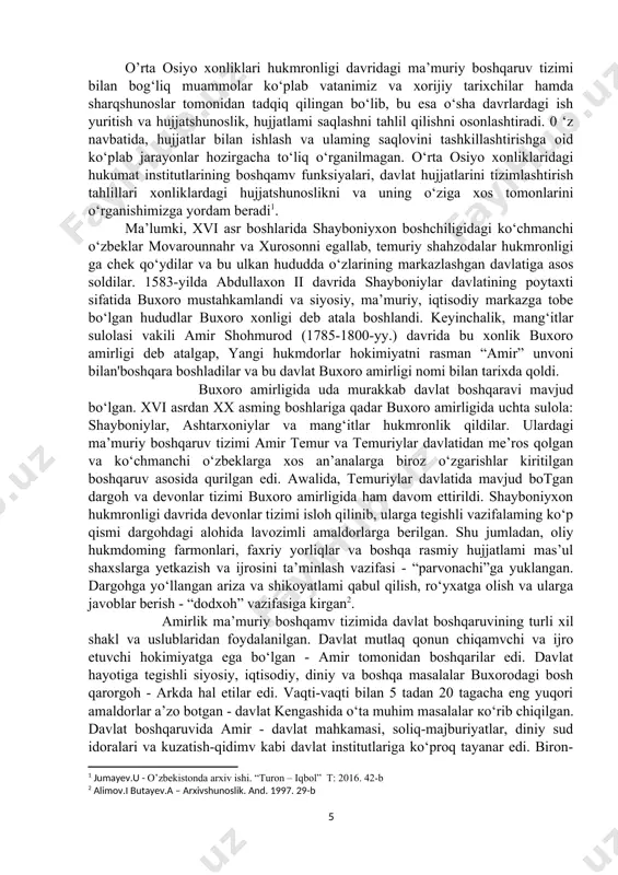 gan; 3) faqat amir muhri bilan imzolangan. har bir yorliqni berilishiga munshiy foydasiga 3,5 tilla, inoqqa - 5 tilla va parvonachiga - 7 tilladan badallik to‘lovijoriy qilingan edi. hokimiyat tizimida amaldorlar katta mavqega ega edilar. amaldorlar ichida otaliq - shahzoda va xonzodalarning tarbiyachisi mansabi eng asosiy lavozimlardan biri hisoblangan. xvii asr hujjatlarida otaliq - birinchi vazir sifatida tilga olinib, u mamlakatdagi sug‘orish ishlarini boshqargan . otaliqdan so‘ng, ikkinchi mansabdor - devonbegi (devonbegi-kalon) bo‘lgan. sharqshunoslaming ma’lumotlariga ko'ra, u bir vaqtda devonxona mahkamasi boshlig‘i va moliyaviy ishlar bo‘yicha vazir lavozimlarida faoliyat ko‘rsatgan. devonbegi mamlakatdagi xiroj yig‘imlarini nazorat qilgan. viloyat va tumanlardan ma’lum bir xiroj summasi o‘miga natural shaklida to‘lanadigan bug‘doy uchun maxsus chek yoki berat rasmiylashtirilib, devonbegi va amir muhri bilan tasdiqlangan. 0‘z navbatida devonbegi hisob-kitoblar daftarini yuritishga ham mas’ul edi. ushbu daftardagi kirim-chiqim hisobotlari amirlikda sir tutilgan va maxfiy saqlangan. devonbegi amirlik hokimiyat tizimidagi to‘rtinchi pog‘onada turuvchi - “ahli qalam”ning boshlig'i …