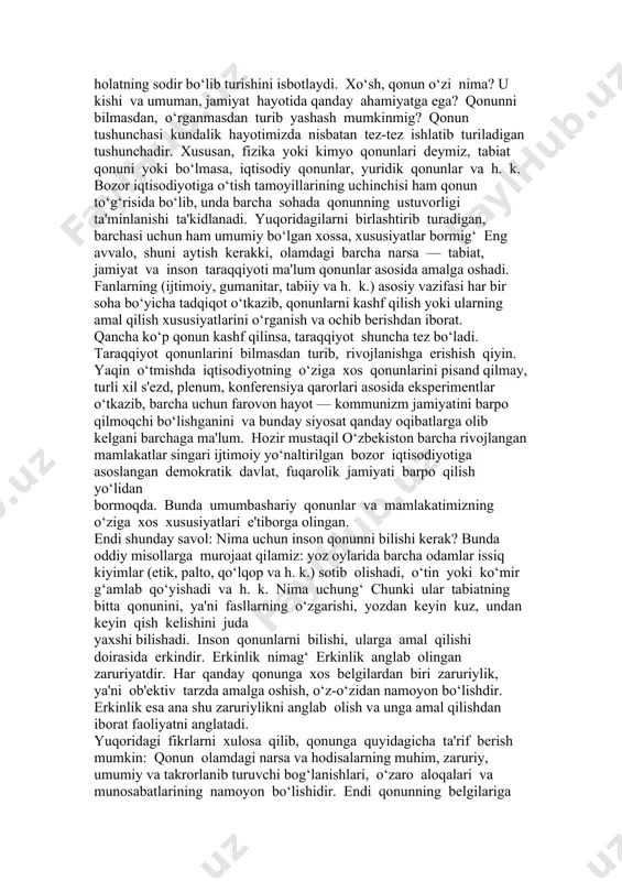 ila-oila, gala-gala bo‘lib yashashdan bundan 50-40 ming yillar muqaddam kromonon tipidagi ajdodlarimiz jamiyat muxitida yashash va tarbiyalanish bosqichiga o‘tdilar. natijada ibtidoiy hayotning murakkablashishi va kishilar ijtimoiy amaliyotining kengayishi ularni abstrakt fikrlashini rivojlantirdi, shu bilan birga asta-sekin ilmiy bilimlarni shakllantirdi. falsafa fani o‘ziga xos yondoshishga ega. qadimdan faylasuflar borliq nima? bor bo‘lishning o‘zi nima? degan savollarga javob qidirganlar. falsafiy qarashlarning bu o‘ziga xos xususiyati qachon va nima uchun falsafa kelib chiqqan degan savolga javob berishga imkon tug‘diradi.ijtimoiy hayot va ijtimoiy ongda, odatda, mifologiya yordamida hal qilib bo‘lmaydigan, ishontirishning ilojiy yo‘q jiddiy ziddiyatlar vujudga keladi. bu o‘rinda shakllangan fikr bilan, haqiqatan qanday ekanligi xaqida bilimni farqlash ehtiyoji tug‘iladi. bu farqlash falsafa bilan birga vujudga keladi. 3.фалсафий қонун ва категориялар 3. qonun tushunchasi. dunyoning mavjudligi ana shunday botiniy va zohiriy o‘zgarishlarning abadiy takrorlanib turishidan iboratdir. bu takrorlanishlar esa o‘z mohiyati va xususiyatlarini saqlab qolganliklaridan qonun va qonuniyat tusini olgan. masalan, biz nyuton tomonidan …