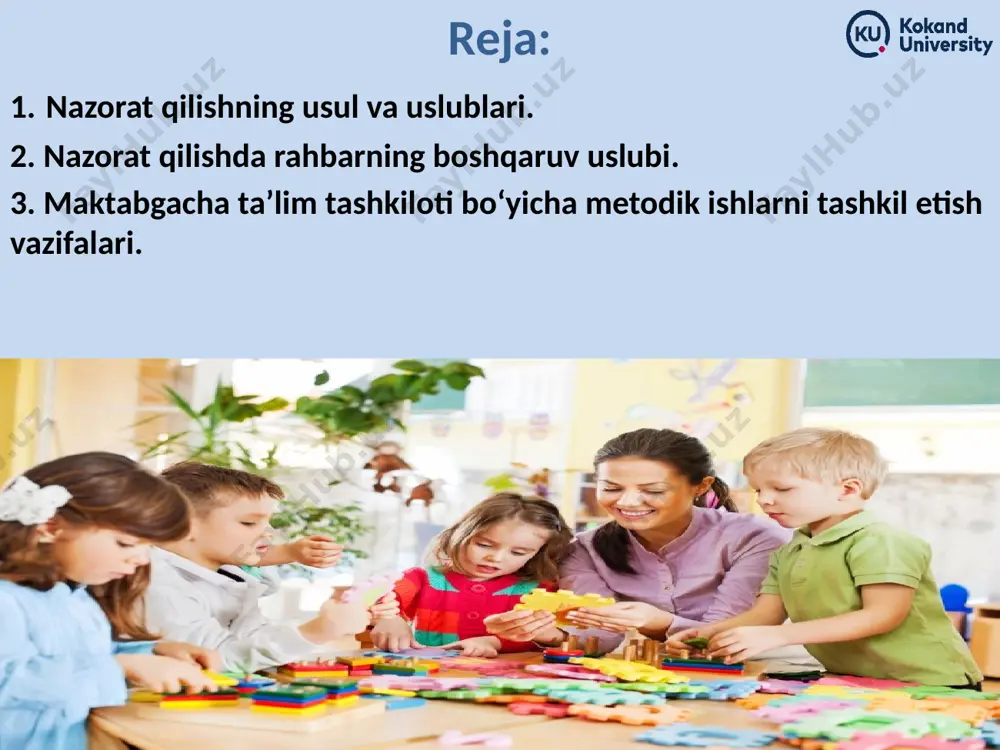 botlanganligi. tekshirishni o‘z vaqtida boshlash va tugatish. nazoratni yosrdam berish bilan qo‘shib olib borish. takliflarning bajarilishini nazorat qilish. har bir masalaga alohida yondashish . talabchanlik bilan pedagogik tatkni birga qo‘shib olib borish. 3 4 2 nazorat qilishga nazoratchi-metodistning tayyorgarligi mtt ni tekshirish oldindan tekshiriladigan muassasalar maktabgacha ta’lim bo'limlari tomonidan belgilanadi, buning uchun yuqori boshqarma tomonidan «ruxsatnoma» xati olinadi. tekshirishi lozim bo'lgan muassasa haqida maktabgacha ta'lim bo'limidan ma'lumot olish; bunda nazoratchi-metodistga muassasasa haqida dastlabki ma'lumotlar berilib, maktabgacha 632 ta’lim muassasalarning maktabgacha ta’lim miqyosida tutgan o'rni, uning butun faoliyatini aks ettiruvchi hujjatlar bilan tanishiladi; tekshirish shahar, hokimiyat - shahar qo'mitalari tomonidan botsa, tekshirish uchun «eslatma-savollar» tuziladi, shu orqali muassasa ishi tekshiriladi tekshirish rejasi tuzilib, tekshirish muddati, kim tomonidan tekshirilayotganligi ko'rsatiladi (bu tinglovchiamaliyotchilar uchun). 1 2 3 4 direktiv hujjat bu farmon, farmoyish, yo'l-yo'riq, ko'rsatma, ya'ni yuqori bo'limlar tomonidan quyi bo'limlarga yoki rahbarning o'z xodimlariga bergan ko'rsatma, yo’l-yo'riqlariga aytiladi. me’yoriy hujjat me'yorlar qoidasiga …