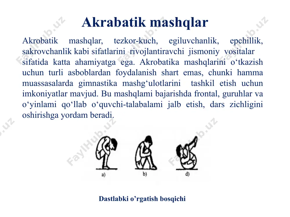 ayanib o‘tirish (269-rasm). 10 nazorat savollari 1. akrobatik mashqlar mazmuni va tuzilishini tushuntiring. 2. akrobatik mashqlarga o‘rganishda qaysi jismoniy sifatlar muhim ahamiyatga ega? 3. akrobatik mashqlarni dastlabki o‘rgatish uslubiy xususiyatlari nimadan iborat? 4. akrobatik mashqlarni bajarishda yordam berish va ehtiyotlash qanday amalga oshiriladi? 11 dars mashg’ulotlaridan keyingi shaxsiy gigiyena mashg’ulotlardan keyin gigiyena qoidalariga muntazam amal qilish lozim. e’tiboringiz uchun rahmat image1.png image2.jpeg image3.png image4.png image5.png image6.png image7.png image8.png image9.png image10.png image11.jpeg /docprops/thumbnail.jpeg