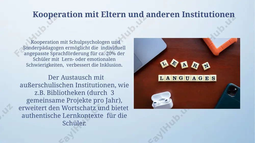 rwartung durch die setzung individueller, realistischer lernziele und die regelmäßige reflexion des lernprozesses (mindestens 1x pro woche). durch die anwendung von kooperativen lernmethoden (z.b. gruppenarbeit, peer-tutoring) werden soziale ressourcen gebaut und das gefühl der zugehörigkeit (in 80% der fälle) gestärkt. vielen dank für ihre aufmerksamkeit @taqdimot_robot image4.png image5.jpg image6.jpg image7.jpg image8.jpg image9.jpg image10.jpg image11.jpg image12.jpg image13.jpg image3.jpeg