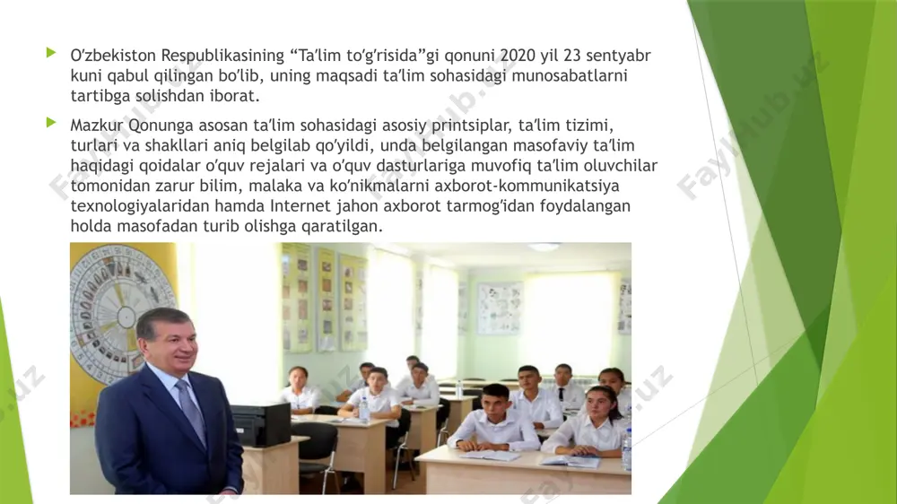 ilotlarida tanlov asosida davlat hisobidan oliy ma’lumot olishi kabi qo‘shimchalar bilan to‘ldirilmoqda. ta’lim sohasida davlatning alohida majburiyatlari sifatida imkoniyati cheklangan bolalarning sifatli ta’lim olish imkoniyatlarini kengaytirishga qaratilgan aniq mexanizmlari nazarda tutilgan bo‘lib, ta’lim tashkilotlarida alohida ta’lim ehtiyojlariga ega bo‘lgan bolalar uchun inklyuziv ta’lim va tarbiya ta’minlanishi haqida ijtimoiy norma kiritilmoqda. yuqoridagi islohotlarni amalga oshirish uchun ta’lim berish sifatiga e’tibor berish va ushbu sohada ishlashning jozibadorligini doimiy ravishda oshirishib borish zarur. zero, millat va xalqning rivoji, uning intellektual salohiyatini oshirish o‘qituvchilar faoliyatiga bog‘liq. o‘qituvchi ilm-fan sirlari, ma’naviy va madaniy merosni yoshlarga yetkazishda muhim bo‘g‘in hisoblanadi. demak, o‘qituvchilarga o‘zlarining salohiyatini to‘liq namoyon etishlari uchun zarur shart-sharoitlarni yaratish, ularni ijtimoiy, huquqiy, moddiy qo‘llab-quvvatlash darkor. shu bois, konstitutsiyaga o‘qituvchining jamiyatdagi maqomiga bag‘ishlangan alohida modda kiritilmoqda. o‘zbekistonda o‘qituvchining mehnati jamiyat va davlatni rivojlantirish, sog‘lom, barkamol avlodni shakllantirish hamda tarbiyalash, xalqning ma’naviy va madaniy salohiyatini saqlash hamda boyitishning asosi sifatida e’tirof etilishi mustahkamlanmoqda. davlatning o‘qituvchilar sha’ni …