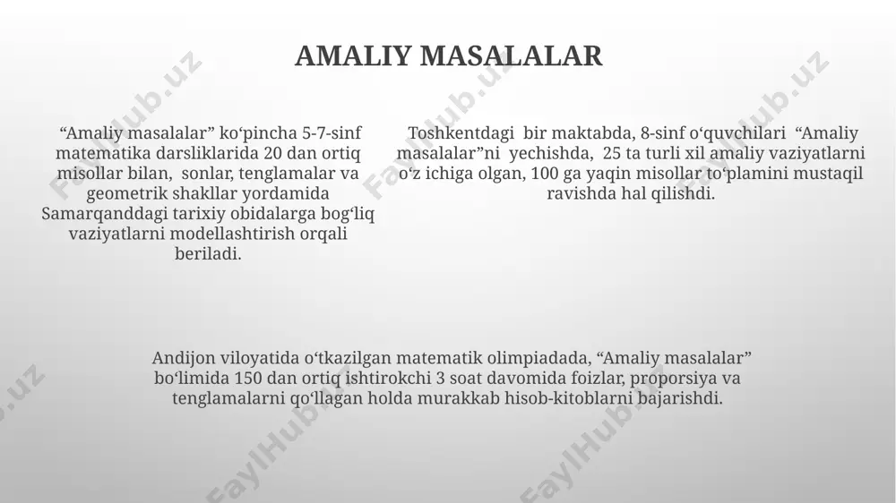 ematiklar tomonidan qo'llaniladi. abstrakt fikrlash, 5 yoshdan 7 yoshgacha bo'lgan bolalarda geometrik shakllarni 2 o'lchovli va 3 o'lchovli tasavvur qilish qobiliyatini rivojlantirishda muhim rol o'ynaydi, masalan, toshkentdagi maktablarda amaliy qo'llaniladi. matematik masalalarni yechishda abstrakt fikrlash, 10 dan ortiq qadamli mantiqiy zanjirlarni qurish va 100 gacha sonlar bilan ishlash qobiliyatini talab qiladi, samarqand universiteti tadqiqotlari buni tasdiqlaydi. e'tiboringiz uchun rahmat @taqdimot_robot image1.png image2.png image3.png