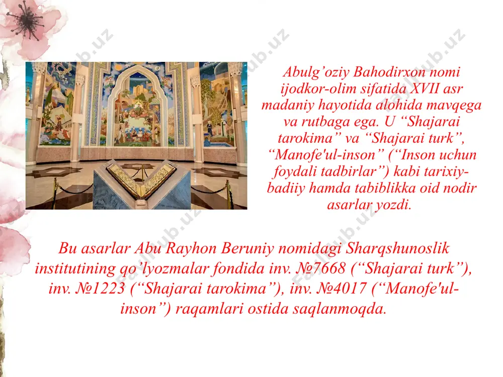 imologiyasini yoritadi. “shajarai turk”da bir qator tarixiy va afsonaviy shaxslar hamda ayrim laqab nomlari, qabila va urug’ nomlari ham izohlanadi. qipchaq: “xon aydi: “muning otasi bizning oldimizda o’ldi. g’amxo’ri yo’q”, tеb. o’g’ul o’kundi, otini qipchoq qo’ydi. qadim turk tilinda ichi qo’sh yog’ochni qipchoq dеrlar erkandur. aning uchun ul o’g’lon yog’och ichinda tug’di dеb, otin qipchoq qo’ydilar. bu vaqtda ham ichi qo’sh yog’ochni qipchoq dеytururlar”. shish – payg’ambar nomi. asarda bu nom quyidagicha izohlanadi: “shishning ma'nosi haybatulloh tеmak bo’lur”. anush - shish payg’ambarning o’g’li. bu nom quyidagicha izohlangan: “anushning ma'nosi sodiq tеmak bo’lur”. dеbboqo’yxon – “yofas avlodidan to’takning nabirasi, ablachaxonning o’g’li. o’lar vaqtinda o’g’li dеbboqo’yxonni o’rnida o’lturtdi. dеbning ma'nosi taxtning yеri, boqo’yning ma'nosi el ulug’i tеmak bo’lur”. kirayt: “kiraytning ma'nosi qora buran tеmak bo’lur. bir kishining еtti o’g’li bor erdi. shundan tuqqanlarig’a kiraytlar tеdilar”. arlat: “ikkilanchi o’g’li arlat. aning ma'nosi otaning sеvar o’g’li tеmak bo’lur. arlat bir kishining oti turur. aning …
