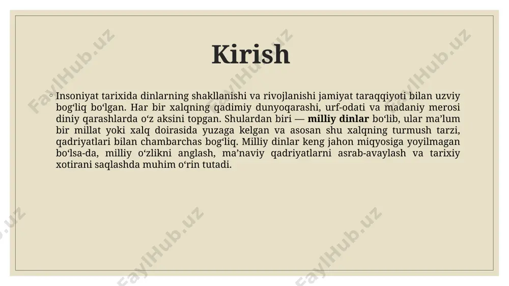 versal dinlarga ta’sir – masalan, islom dinidagi ayrim udumlar zardushtiylikdan o‘ziga xos ta’sir olgan (navro‘z bayramining davom etishi bunga misol bo‘la oladi). milliy dinlarning ahamiyati va zamonaviy o‘rni milliy dinlarning madaniyat va ma’naviyatdagi roli milliy dinlar xalqning ruhiyati va turmush tarzida katta o‘rin egallaydi. ular xalq og‘zaki ijodi, urf-odatlari, san’at va adabiyotida chuqur iz qoldirgan. milliy dinlarning universal dinlarga ta’siri va bugungi kunda ahamiyati ko‘plab universal dinlar milliy dinlar asosida shakllangan. masalan, xristianlik va islom dini rivojlanish jarayonida yahudiylik, zardushtiylik va boshqa milliy dinlardan ta’sir olgan. bugungi kunda milliy dinlar ko‘pincha madaniy meros sifatida saqlanmoqda va millatning o‘zligini anglashda muhim manba bo‘lib xizmat qilmoqda. xulosa milliy dinlar insoniyatning diniy-madaniy merosida alohida o‘rin tutadi. ular nafaqat xalqning qadimiy dunyoqarashini aks ettiradi, balki milliy o‘zlikni anglash, an’analarni asrab-avaylash va tarixiy merosni davom ettirishda muhim ahamiyatga ega. bugungi kunda ham ayrim milliy dinlar amalda mavjud bo‘lsa, boshqalari folklor va madaniyatda iz qoldirgan holda …