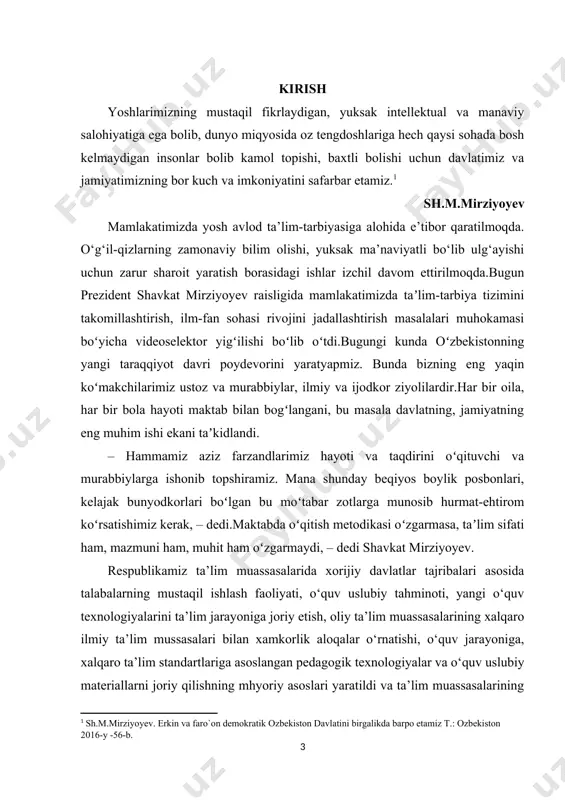 kunda oʻzbekistonning yangi taraqqiyot davri poydevorini yaratyapmiz. bunda bizning eng yaqin koʻmakchilarimiz ustoz va murabbiylar, ilmiy va ijodkor ziyolilardir.har bir oila, har bir bola hayoti maktab bilan bogʻlangani, bu masala davlatning, jamiyatning eng muhim ishi ekani taʼkidlandi. – hammamiz aziz farzandlarimiz hayoti va taqdirini oʻqituvchi va murabbiylarga ishonib topshiramiz. mana shunday beqiyos boylik posbonlari, kelajak bunyodkorlari boʻlgan bu moʻtabar zotlarga munosib hurmat-ehtirom koʻrsatishimiz kerak, – dedi.maktabda oʻqitish metodikasi oʻzgarmasa, taʼlim sifati ham, mazmuni ham, muhit ham oʻzgarmaydi, – dedi shavkat mirziyoyev. respublikamiz ta’lim muassasalarida xorijiy davlatlar tajribalari asosida talabalarning mustaqil ishlash faoliyati, o‘quv uslubiy tahminoti, yangi o‘quv texnologiyalarini ta’lim jarayoniga joriy etish, oliy ta’lim muassasalarining xalqaro ilmiy ta’lim mussasalari bilan xamkorlik aloqalar o‘rnatishi, o‘quv jarayoniga, xalqaro ta’lim standartlariga asoslangan pedagogik texnologiyalar va o‘quv uslubiy materiallarni joriy qilishning mhyoriy asoslari yaratildi va ta’lim muassasalarining infrastruktusi rivojlantirildi. “yoshlarni jismonan sog‘lom, ruhan va aqlan rivojlagan, vatanga sodiq, qahtiy hayotiy nuqtay nazarga ega yoshlarni …
