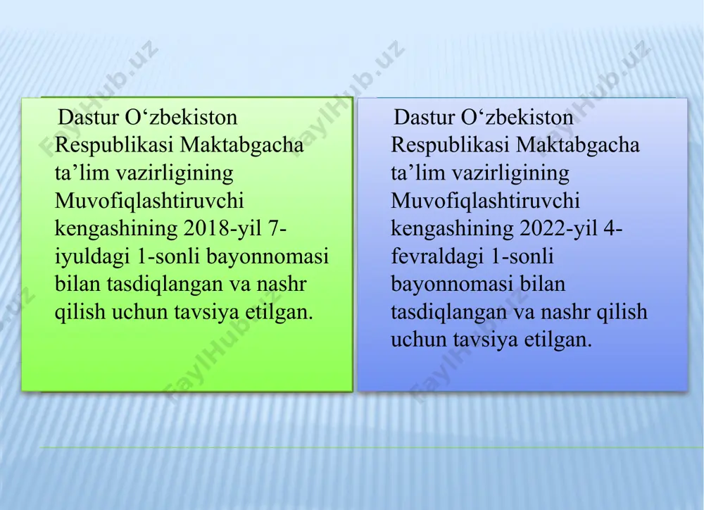 og bolaning, ota-onalarning va mahalliy jamoatchilik vakillarining fikri va tajribasini hurmat qiladi va o'z ishini teng sheriklik asosida quradi. 2.3. bandiga 3-xatboshi qo‘shilgan: qo'shimcha ta'lim xizmatlari asosiy ta'lim faoliyatidan tashqari amalga oshiriladi va mtt o'quv rejasiga kiritilmaydi. qo'shimcha ta'lim xizmatlarini ko'rsatuvchi pedagoglar, ko'ngillilar, homiylar, mutaxassislar, ota-onalar mavzuli rejani ishlab chiqadilar, bu xizmat ko'rsatishga qarab, davlat o'quv dasturining yillik mavzili rejasi asosida tuzilishi mumkin. 2.4. bandning oxiriga quyidagi xatboshi qo‘shilgan: inklyuziv yo'nalishdagi ta’lim va tarbiya jarayoni davlat o'quv dasturiga muvofiq amalga oshiriladi, uning asosida individual-moslashtirilgan dasturlar ishlab chiqilishi mumkin. bunday individual inklyuziv dasturda alohida ta’lim olish ehtiyojlari bo`lgan har bir bolaning ta’lim olishi, rivojlanishi, ishtiroki va farovonligi uchun barcha mumkin bo'lgan to'siqlarni bartaraf etish uchun o'quv muhiti va o'qitish usullarini moslashtirish zarur. iii bobga quyidagi qo‘shimcha kiritilgan va bunda kompetentli bola va maktabgacha yoshdagi bolalarga ta'lim berishda kompetensiyaviy yondashuv aniq keltirib o‘tilgan. kompetentli bola o'z bilim, ko'nikma va malakalarini muayyan vaziyatda …