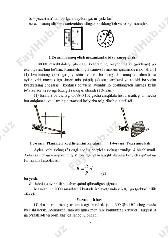 ollari. 1. sanoq olish mexanizmlaridan sanoqlar qanday olinadi. 2. planimetr aniqlik darajasi qanday aniqlanadi va yustirovka qilinadi. 3. planimetrda yuzani hisoblash qanday amalga oshiriladi? 2-laboratoriya ishi teodolit tuzilishi va uning asosiy qismlarini o‘rganish. teodolitni ishchi holatga keltirish mashg‘ulotning maqsadi: teodolit tuzilishini, uning asosiy qismlarini va u bilan ishlashni o‘rganish. 2t30 teodoliti va uning qismlari. teodolit – bu optik asbob bo‘lib, u gorizontal va vertikal burchaklarni, shuningdek masofalarni o‘lchashga mo‘ljallangan. masofalar o‘rtacha nisbiy xatoligi 1/300 bo‘lgan ipli masofa o‘lchagich (dalnomer) yordamida o‘lchanadi. mazkur xatolikda masofa o‘lchashga faqat tafsilot syomkasida yo‘l qo‘yiladi. teodolit yo‘lini qo‘yish orqali planiy-balandlik geodezik asosini yaratish uchun va yirik masshtablarda joyning syomkasini amalga oshirishda t30 tipidagi texnik teodolit qo‘llanilishi mumkin. 2.1 – rasmda 2t30п optik teodoliti ko‘rsatilgan va uning alohida qismlari va vintlarining nomlari keltirilgan. 2.1 – jadvalda uning xarakteristikasi keltirilgan. 2.1-jadval 2t30п teodolitining asosiy xarakteristikasi parametrlarning nomlanishi qiymati bitta priyom bilan burchak o‘lchashda o‘rtacha kvadratik xatolik, sek: …