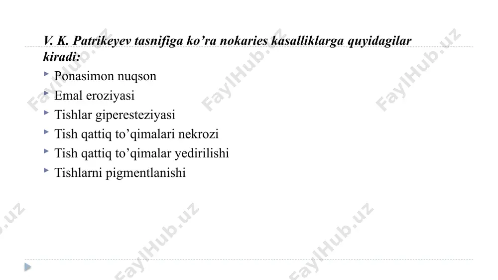 ahsulotlar chiqarib tashlanadi. tishlarni kislotali nekrozi bu kasallik mahalliy ta’surot oqibati hisoblanadi. bunda anorganik va organic kislota ishlab chiqaruvchi zavodlarda ishlaydigan ishchilarda kuzatiladi. klinik belgilari sezuvchanlik oshadi; mexanik va haroratga ta’sirchanligi; tishlarni bir-biriga tekizkanda yopishib qolish hisi; tishlarni yemrilishi fiziologik yemirilish – vaqtinchalik va doimiy prikuslarda kuzatiladi va yoshga qarab yemirilish darajasi ortib boradi. patologik yemirilish – bir yoki bir nechta tishlarning intensiv yemirilishi. klinik belgilari patologik yemirilishda dentin sohaga o’tkach tez kichadi; yuzning 1/3 qismini pasayganligi kuzatiladi; chpjb o’zgarishlar, og’riqlarni paydo bo’lishi og’iz burchakida burmalar paydo bo’lishi kuzatiladi. tishlarning yemirilishi tishlarning qattiq to'qimalari (emal va dentin) yemirilishi sut tishda ham, doimiy tishlarda ham kuzatiladi. odamlarda tishlarning qattiq to'qimalarini yemirilishi turli yo'llar bilan bo’ladi. tishlarning patologik yemirilishi tishlarning patologik yemirilishi - bu polietiologik kelib chiqish dentoalveolyar tizimining patologik holati. patologik yemirilish- bu nisbatan tez jarayon, bu tish va periodontal to'qimalarning o'zgarishi, chaynash mushaklari va temporomandibulyar tuzilmalarning disfunktsiyasi. tishlarning patologik yemirilishi …