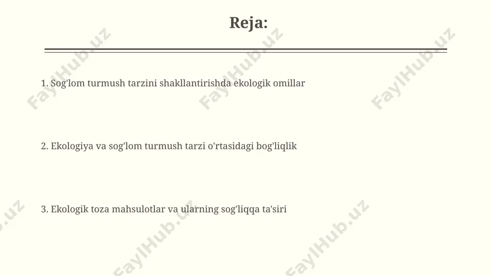 rishi mumkin. toza havo va sog'liq tabiatda vaqt o'tkazish, masalan, hafta davomida kamida 2 soat, stress darajasini pasaytiradi va psixologik salomatlikni yaxshilaydi, bu esa umumiy sog'liqqa ijobiy ta'sir ko'rsatadi. toza havo sifati 5 dan yuqori darajada ifloslangan hududlarda yashash yurak-qon tomir kasalliklari xavfini 20% ga oshirishi mumkin, shuning uchun toza havo sog'lom turmush tarzi uchun muhim ahamiyatga ega. stress va ekologik omillar stressning 70% gacha ekologik omillar, masalan, ifloslangan havo, shovqin va suv tanqisligi bilan bog'liqligi aniqlangan. bu esa yurak-qon tomir kasalliklari xavfini 20% ga oshiradi. ekologik ifloslanishning biokimyoviy stress markerlari (kortizol, adrenalin) darajasini 35% gacha ko'tarishi va immunitet tizimini zaiflashtirishi isbotlangan. sog'lom ovqatlanish va ekologik toza mahsulotlar sog'lom ovqatlanish uchun kuniga kamida 5 turdagi meva va sabzavot iste'mol qilish tavsiya etiladi, ularning 70% ekologik toza mahsulotlardan iborat bo'lishi kerak. organik dehqonchilik mahsulotlari yer osti va yer usti suvlarining ifloslanishini 15-20% ga kamaytiradi, shuningdek, bioxilma-xillikni saqlashga yordam beradi. atrof-muhit ifloslanishi …