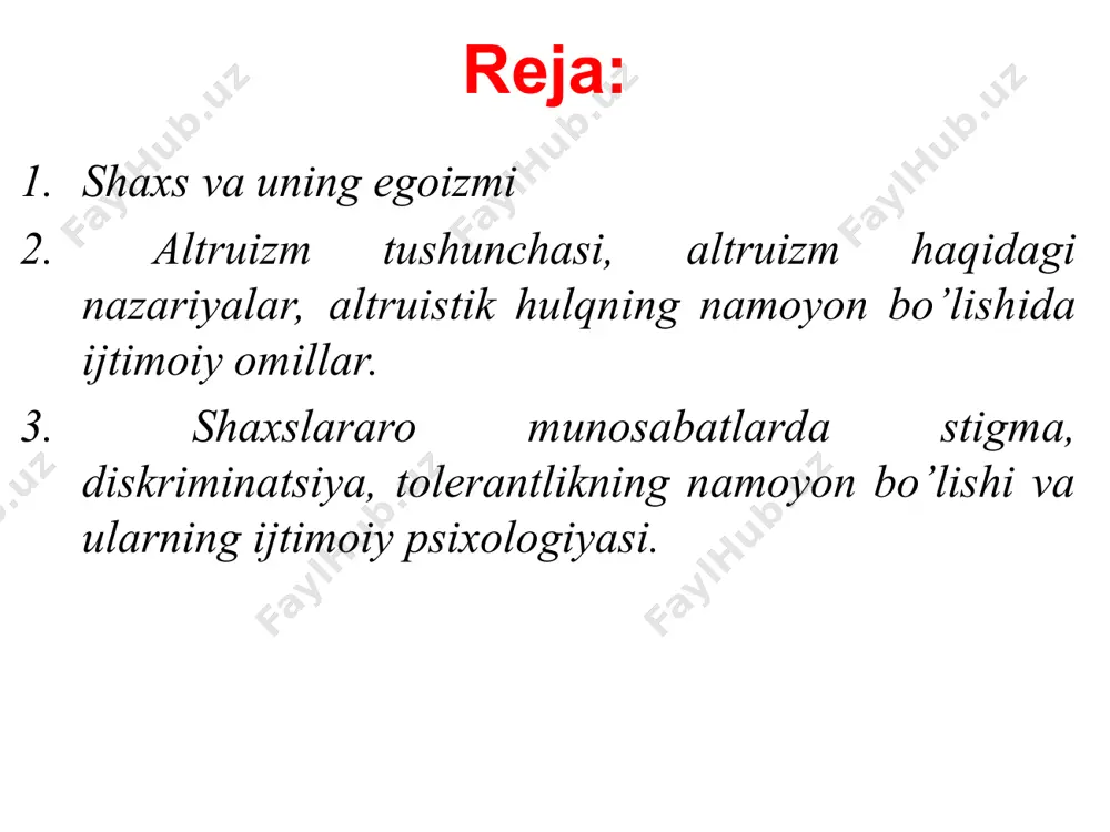 vorligidir. bunda inson asosan to‘q va farovon hayotga intiladi, boy-badavlat yashashni xohlaydi va bundan lazzat oladi. egosentrizm — lotincha «ego» — men va «centrum» — doira markazi so‘zlaridan olingan bo‘lib, insonning o‘z fikr o‘ylari, manfaatlari doirasida qotib qolganligi, buning oqibatida atrof-muhitga va odamlarga oid bilimlarini hamda o'zgalarga munosabatini o‘zgartira olmasligini bildiradi. altruizm hech qanday mafaatni kutmagan holda boshqalarga yordam berish. (uning asosida hech qanday mafaat kutmasligi turadi) altruizm motivini tushuntirishda 2 xil nazariya mavjud. biologik nuqtayi nazar sotsiologik nuqtayi nazar sotsiologik(ijtimoiy) altruizm manfaat kutgan beg’azar niqobli egoizm o’zaro ijt almashinuv empatiya ijtimoiy normativ muloqotning kommunikativ tomoni deyilganda, uning shaxslararo axborotlar, bilimlar, g‘oyalar, fikrlar almashinuvi jarayoni sifatidagi vazifalari nazarda tutiladi. bu jarayonning asosiy vositasi bo‘lib til xizmat qiladi. til shaxslar o‘rtasida aloqa vositasi bo‘lib, uning yordamida kishilar bilgan ma’lumotlari, axborotlar, g‘oyalar va hokazolarni bir-birlariga yetkazadilar. og`zaki nutqning asosan ikki turi farqlanadi yozma dialogik nutqning mazmuni, uning xarakteri, davomiyligi muloqotga kirishgan shaxslarning …
