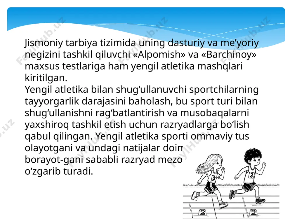 o‘smirlar uchun 6 kg, ayollar uchun 5 kg, qizlar uchun 4-3 kg qilib belgilanadi. ko‘pkurash yugurish, sakrash va uloqtirish mashqlarining har xil turlarini o‘zida mujassamlashtirgan sport turi. ko‘pkurash o‘z tarkibidagi sport turining soniga qarab nomlanadi, chunonchi uchkurash, beshkurash, o‘nkurash va h.k. ko‘pkurashning asosiy turlari quyidagilar: erkaklar uchun-o‘nkurash; ayollar uchun - ettikurash; o‘smirlar va o‘spirinlar uchun -olti va sakkizkurash. ba’zan musobaqa nizomida musobaqa sharoitiga qarab, ko‘pkurash turlari kamaytirib berilishi mumkin. ko‘pkurash bilan shug‘ullanuvchilarga yuqori talablar qo‘yiladi. ular texnik jihatdan yuqori tayyorgarlikka ega, chaqqon, kuchli, sakrash qobiliyati yuqori kabi fazilatlarga ega bo‘lishlari shart. ko‘pkurash dasturini to‘la bajarish uchun sportchi a’lo darajada tayyorgarlikka ega, o‘zini idora etadigan bo‘lishi lozim. ko‘pkurash bilan shug‘ullanish-yengil atletika bilan endigina shug‘ullana boshlagan sportchilar uchun organizmni har tomonlama jismoniy chiniqtirishning eng yaxshi yo‘lidir. yengil atletikaning tasnifi va umumiy ta’rifi yengil atletika atamasi shartli bo‘lib, mazkur sport turiga kiruvchi hamma mashqlarning tabiiy ahamiyatini yoritib bera olmaydi. shu bilan birga, yengil …
