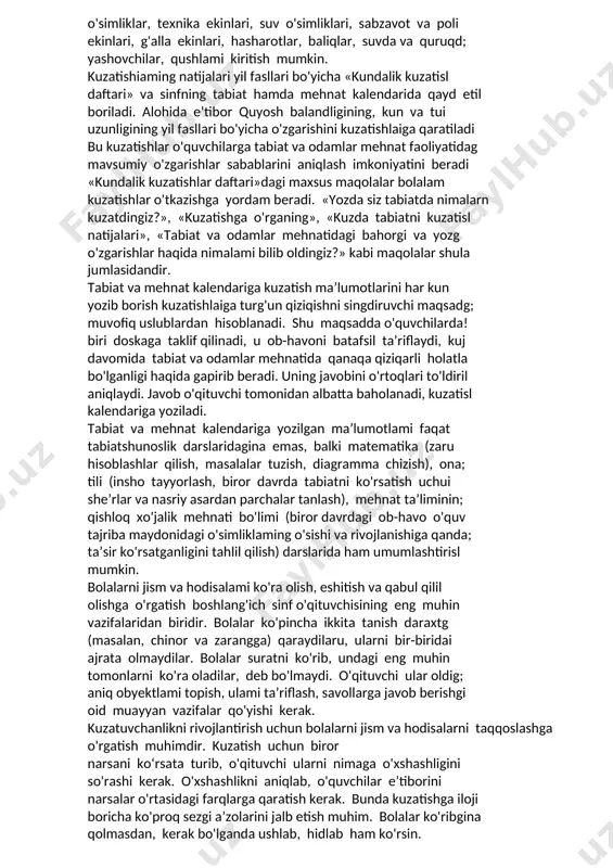 rini to’g’ri shakllantirish maqsadida qo’llaniladigan ko’rgazmali qurollarga katta o’rin ajratiladi.tabiatshunoslik bo’yicha o’quv qurollari g’oyat xilma-xildir. ulardan bir xillari (tabiiy jismlar va ularning ko’rgazmali tasvir-lari) darslarda o’rganish ob’ekti hisoblanadi, boshqalari xizmat ko’rsatuvchi vazifasini bajaradi - ularni o’quvchilar o’rgan-maydilar. darslarda o’rganish obyektlari hisoblangan qurollarni ikki gurahga: tabiiy jismlar va o’qitish uchun maxsus tayyorlan -gan jism va hodisalarning tasvirlariga ajratish mumkin. tabiiy jismlarga tog’ jinslari, metallar, tuproq namunalari, o’simliklar, hayvonlar kiradi. ko’rgazmali qurollar sathli (suratlar, diafilmlar, diapozitivlar) va hajmli (modellar, maketlar, mulyajlar)ga bo’linadi. unisi ham, bunisi ham harakatsiz va harakatchan bo’lishi mumkin. tabiatshunoslikni o’qitishda globus ham muhim ahamiyatga ega. agar plan yer yuzasining katta bo’lmagan qismini yirik masshtabli tasvirlashdan xaritadagi mayda masshtabli tasvirlashga o’tishga imkon bergan bo’lsa, globus yerning eng to’g’ri shakli va yuzasining tasvirini beradi. shuningdek, ekran vositalaridan samarali foydalanish tabiatshunoslikni o’qitishda katta rol o’ynaydi. ekran vositalariga diafilm, diapozitiv va kinofilmlar kiradi (tabiatshunoslik dasturlarida ularning ro’yxati bor). model ko’rgazmali qurol sifatida. tabiatshunoslik …