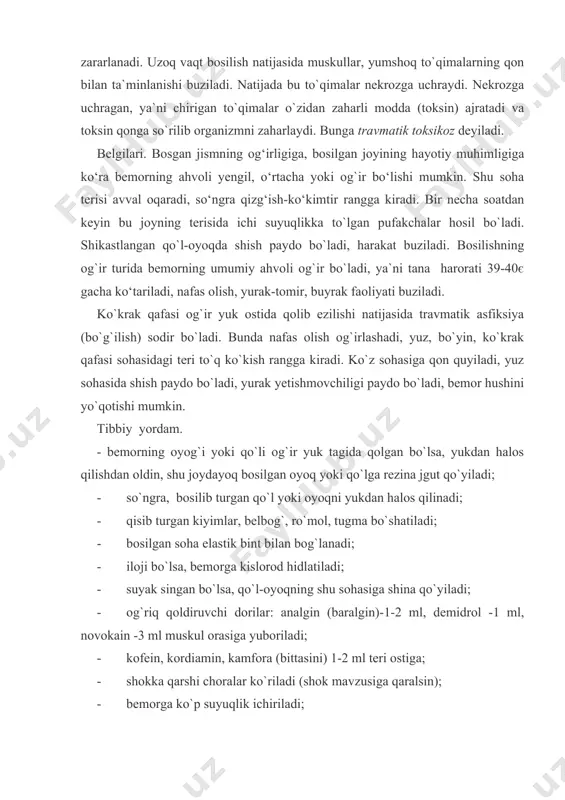 am bir necha minut davomida hushini yo`qotadi. hushiga kelgach boshi og‘riydi, boshi aylanadi, darmonsizlanadi, ko`ngli ayniydi. o`rtacha darajada hushini yo`qotishi bir necha soatgacha bo`lishi mumkin. hushiga kelgach xotirasining yo`qolishi (amneziya) kuzatiladi. u bo`lgan hodisani eslamaydi.qayt qiladi, boshi og‘riydi, boshi aylanadi, yurak va tomir urishi sekinlashgan bo`ladi. nafas olishi sekin, yuzaki, lablari ko`kargan, ranggi oqargan bo`ladi. og`ir darajada bemor komatoz holatga tushadi.ahvoli og`ir bo`ladi, hushini yo`qotishi bir necha soatdan, bir necha kungacha davom etishi mumkin. ko`z qorachig`i kengaygan bo`lib, u yorug`da torayish, qorong`ida kengayish xususiyatini yo`qotadi. yurak va tomir urishi kuchsiz, sekinlashgan, nafas yuzaki bo`ladi, reflekslar yo`qoladi, siydigini va axlatini tuta olmaydi. miya chayqalishidan keyin ancha vaqtgacha bemorning boshi og`riydi, boshi aylanadi, u tik turganida muvozanatini yaxshi saqlay olmaydi, jahldor bo`lib qoladi. bemor xotirasini uzoq vaqt (oy, yil) yo`qotishi mumkin. tibbiy yordam. 1.bemorning boshini balandroq qilib yotqiziladi. 2.yurak-tomir faoliyatini yaxshilovchi dorilar:kofein, kordiamin, kamfora (bittasi) 1-2 ml teri ostiga. 3.hushiga kelishi uchun …