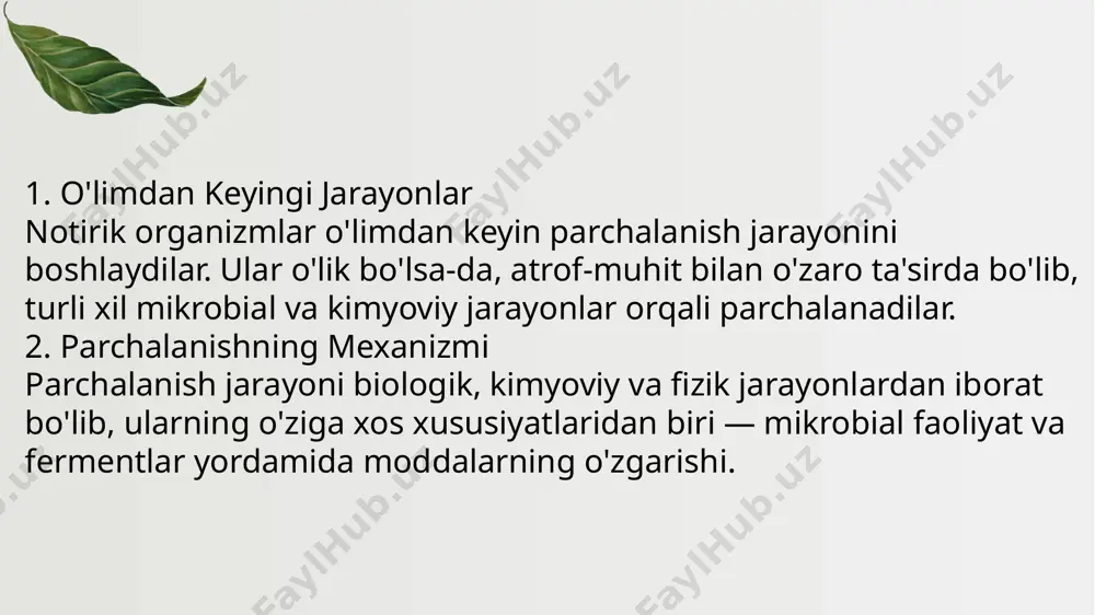 rol o'ynaydi. o'lik organizmlar va ularning qoldiqlari parchalanishi orqali atrof-muhitda yangi resurslar va mineral moddalar yaratiladi, bu esa o'simliklar va boshqa organizmlarga foydali oziqa moddalarini taqdim etadi. parchalanish ekologik muhitni tartibga solishga, resurslarni qayta ishlashga va biologik xilma-xillikni saqlashga yordam beradi. 1. moddalar aylanishi (nutriyent aylanishi): tavsif: parchalanish jarayoni organik moddalarni minerallar va oziqa moddalariga aylantiradi. o'lik o'simliklar, hayvonlar va mikroorganizmlarning parchalanishi orqali karbon, azot, fosfor va boshqa elementlar tabiatga qaytadi, bu o'simliklarning o'sishiga va yashashiga zarur bo'lgan moddalar hisoblanadi. 2. oziqa zanjirining uzilishi: tavsif: parchalanish o'lik organizmlarni oziqa zanjirining yangi qismiga aylantiradi. o'lik organizmlar va ularning qoldiqlari mikroorganizmlar (bakteriyalar, zamburug'lar) tomonidan parchalanib, oziqa zanjirining boshqa bo'laklariga — oziq-ovqatni o'zlashtiradigan organizmlarga (masalan, ayrim hasharotlar, qurtlar, qirquvchilar) aylantiriladi. 3. tuproqning unumdorligini oshirish: tavsif: o'lik o'simlik va hayvon qoldiqlari parchalanib, tuproqda oziqa moddalarini hosil qiladi, bu esa tuproqning unumdorligini oshiradi. ta'siri: tuproqda parchalanish jarayoni tuproqni mineral moddalar bilan boyitadi, ularning erkin holatda …