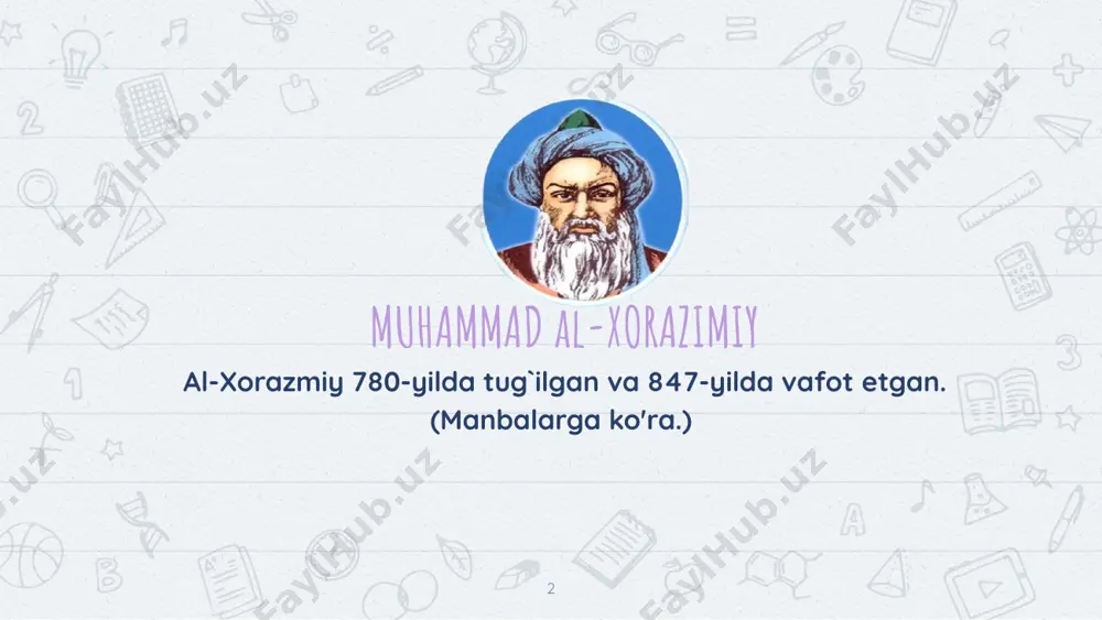 hamda sayyoramiz xaritasi keltirilgan geografik risola. 5 al-xorazmiyning xususan, arifmetika va algebraga oid asarlari yevropaning qator tillariga ko`p marta tarjima qilinib, unda keltirilgan ilmiy dalillar matematika fanida va amaliyotda keng qo`llanilgan. olim qoldirgan hisob-kitoblarning ko`pchiligi hozirga qadar o`z ahamiyatini yo`qotgan emas. xususan, al-xorazmiy nomi lotincha kitoblarda algoritmus, algorismus, al-xoarismus, alkauresmus, alxoharitmus va hokazo shakllarda keltirilgan bo`lib, bu o`z navbatida yangi arifmetika - algoritmga asos bo`lgan. fransiyalik sharqshunos olim j.reyno 1849-yilda yevropa mamlakatlarida matematikaga oid turli davrlarda chop etilgan asarlarda keltirilgan ushbu nomlar aslida xorazm ilmiy maktabi vakili al- xorazmiy nomi bilan bevosita bog`liq ekanligini isbotlab bergan. 6 7 al-xorazimiy matematikasi. al-xorazmiy matematikasi hindcha sanoq va shunga asoslangan arifmetik amallar tizimining rivojlanishiga zamin tayyorladi. olimning «al-jabr va muqobala» deb nomlangan mashhur asarining nomidan yangi «algebra» termini paydo bo`lgan va u alohida fan sifatida rivojlana boshlagan. 8 9 al-xorazmiy boshchiligida 70 dan ortiq; olim jahonning va osmonning batafsil tasvirini o`z ichiga olgan …