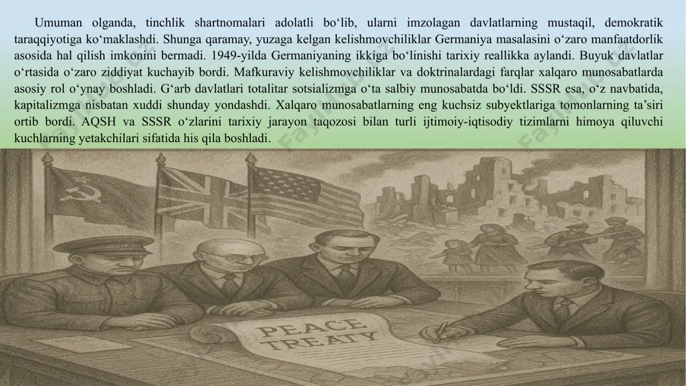 llari katta obro‘ orttirgan u. cherchill 1946 yil 5 mart kuni aqshning fulton shahridagi vestminster kolleji tinglovchilari oldida so‘zga chiqib, aqshga «tinchliksevar xalqlarning sovet ekspansiyasiga» qarshi kurashiga boshchilik qilishni taklif qildi. bu nutqda u. cherchill amalda inglizzabon xalqlarni dunyoga hukmronlik qilishga da’vat etdi. ko‘pchilik tarixchilar u. cherchillning bu nutqini «sovuq urush»ning boshlanishi deb hisoblaydilar. u. cherchill kiritgan «temir parda» iborasi uzoq vaqt g‘arb bilan sharq o‘rtasidagi ramziy chegara bo‘lib qoldi. 1946 yil bahorda sssr qo‘shinlarini erondan olib chiqishni boshladi. sovet qo‘shinlari chiqib ketishi bilan eron avtonomiyalarni tugatdi va neft konlarini 50 yilga ijaraga berish to‘g‘risida sssr bilan tuzilgan shartnomani bekor qildi. 1946 yil kuzida sssr qora dengizdagi bosfor va dardanel bo‘g‘ozlari rejimini o‘zgartirish va ularni hamkorlikda mudofaa qilish to‘g‘risida turkiyaga ultimatum shaklida bitilgan, bo‘g‘ozlar hududiga sovet qo‘shinlarini kiritish ko‘zda tutilgan talabni taqdim qildi. 1946 yil oxirida ingliz qo‘shinlari yordamida gretsiyada konstitutsion monarxiya tiklandi, kommunistlar parlament saylovlarida ishtirok etishdan bosh tortdi. …